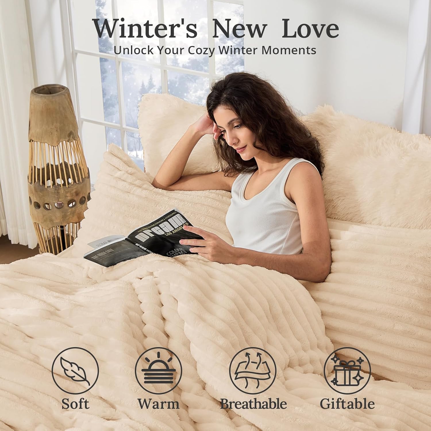 Sasttie Fluffy Comforter Set King 3 Pieces - Super Soft & Fuzzy Beige Comforter Set for Winter Warm Fleece Bedding, 1 Luxury Heavy Faux Fur Down Alternative Comforter with 2 Pillow Cases - Image 2