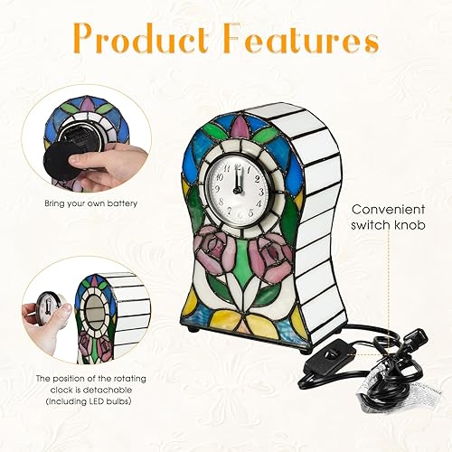 Miniatura 4 de Lámpara de mesa estilo Tiffany con forma de campana con patrón de rosas, lámpara de reloj creativa, luz de vitral, decoración, dormitorio, mesita de