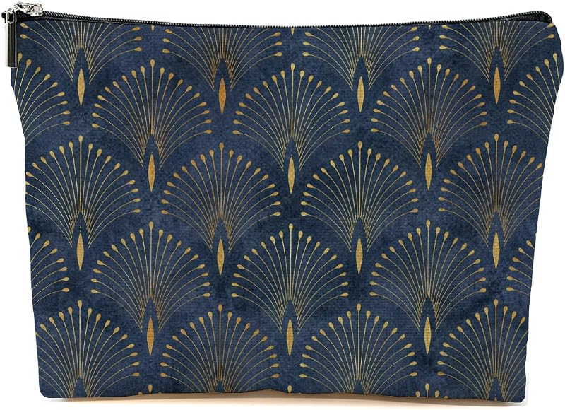 Necessaire de maquiagem Blue Leaves Blue Gold com zíper, estampa floral e laço, Multicolor 1540, 1 unidade