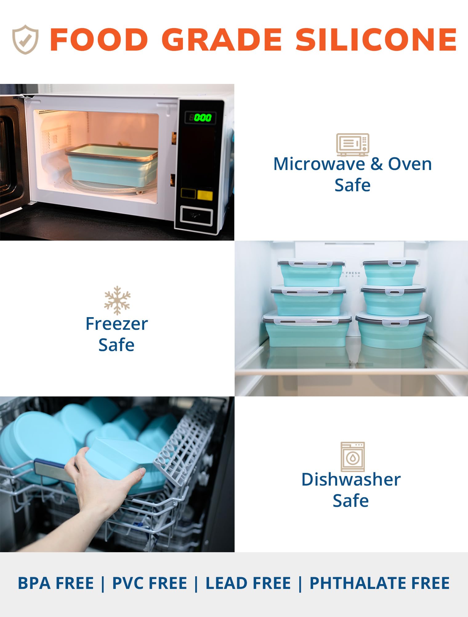 Lunememo 16 Stück Faltbare Frischhalteboxen mit Deckel, Zusammenklappbare Brotdose, Faltbare Schüssel aus Silikon für Snacks, Mahlzeiten, Reste, Unterwegs und Zuhause, Blau