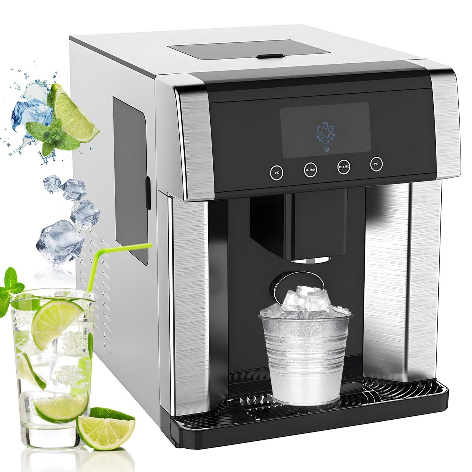 Macchina Fabbricatore di Ghiaccio 2 in 1 da Banco, Fabbricatore Commerciale di Cubetti di Ghiaccio Trasparenti, 15 Kg/24h, 3 Formati di Ghiaccio A Pallottola, 2 Metodi di Ingresso dell'Acqua