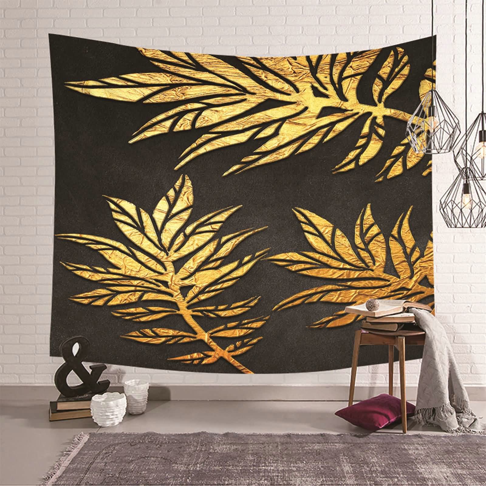 Tapiz de pared KnSam de alta calidad con elegante diseño de hojas negro y dorado