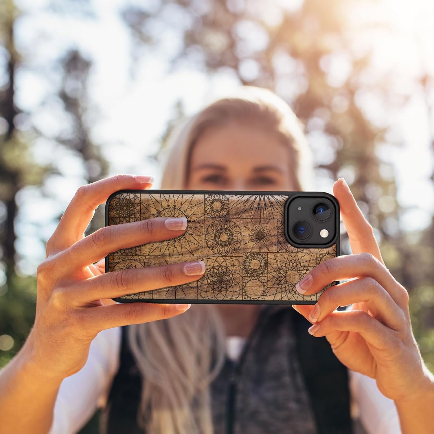 Carveit Magnetic Wood Case for iPhone 14 Plus Case [Natural Wood & Black Soft TPU] Shockproof Protective Cover Unique Wooden Case Compatible with magsafe (Spirograph Mandala Mosaic -Walnut)