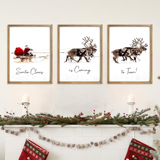 Top 12 Christmas Wall Art Holiday 2025 Inspiration 5 LITIVY Framed Set of 3 Christmas Wall Art Christmas Santa Claus with Sleigh Deer for Christmas Wall Decor Prints Xmas Sign for Home Decor Christmas Decorations(12″x16″, Brown)