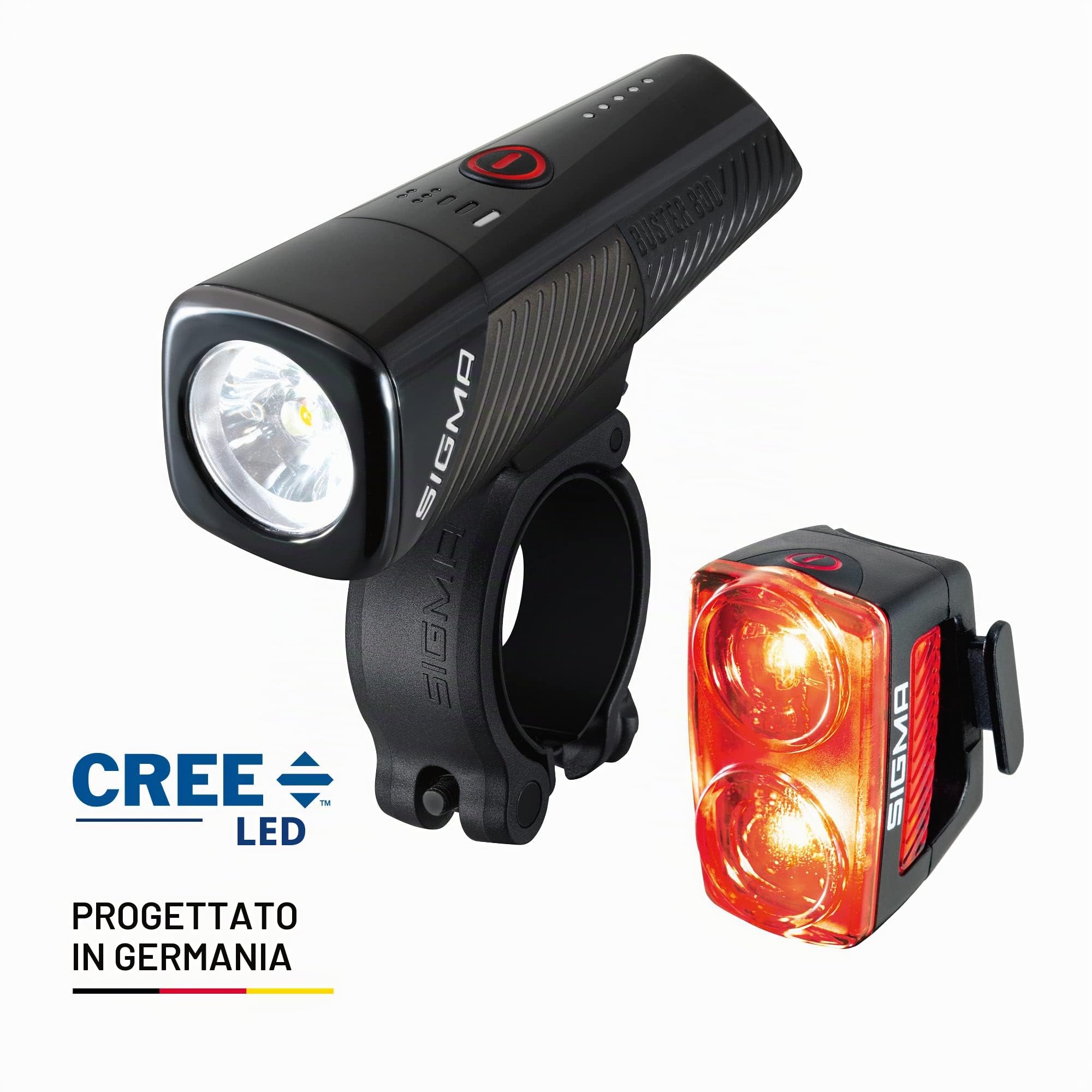 SIGMA BUSTER 800 FL& RL150 | Set di luci per bicicletta ricaricabili via USB | Luce anteriore con 800 lumen e 5 modalità di illuminazione | Luce posteriore con funzione di luce di stop