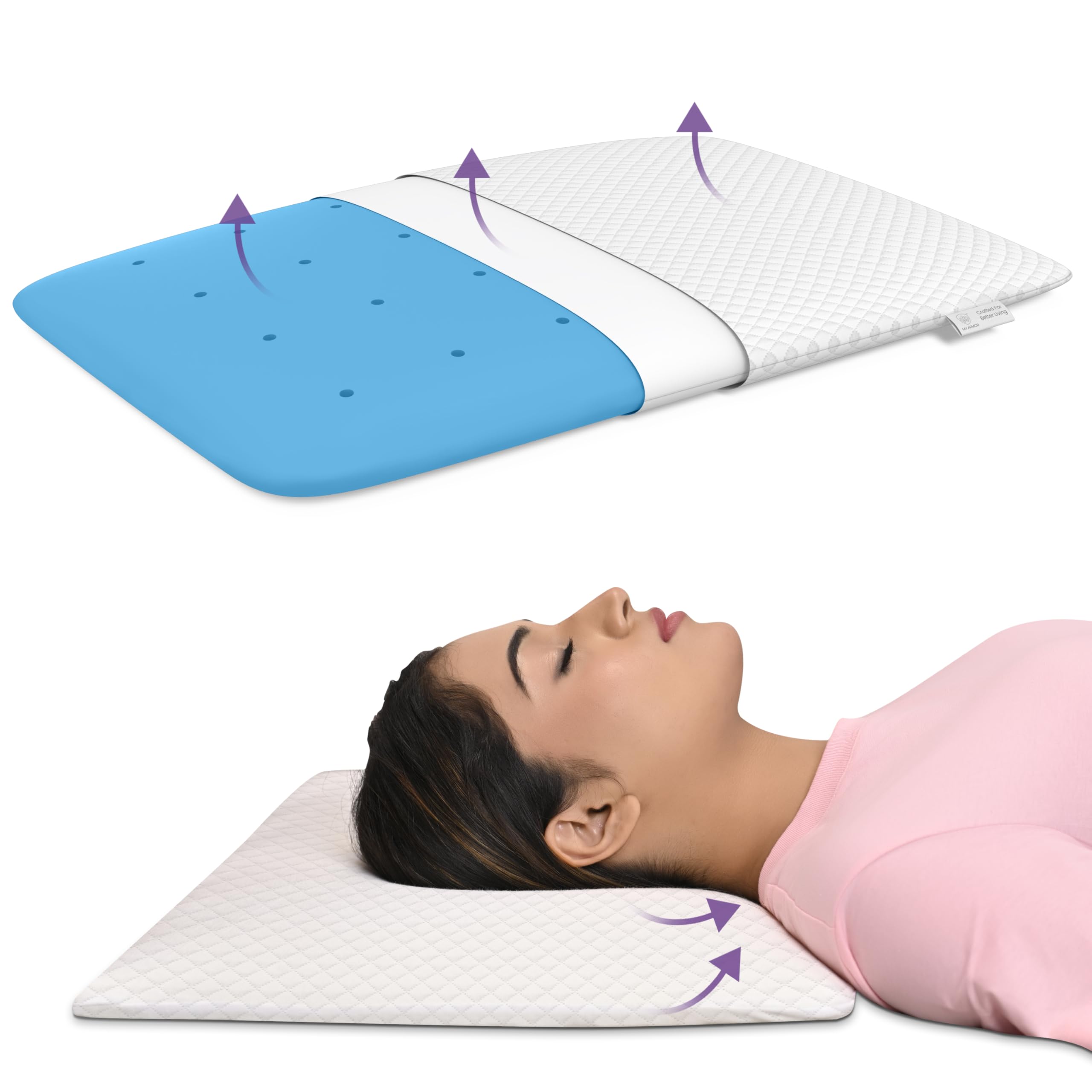 MY ARMOR Ventilated Cool Gel Memory Foam Pillow Ultra-Thin Size of 2.5 Inch Thickness, Orthopedic Pillow for Sleeping & Neck Pain Relief with Checks Pattern Pillow Cover -Pack of 1