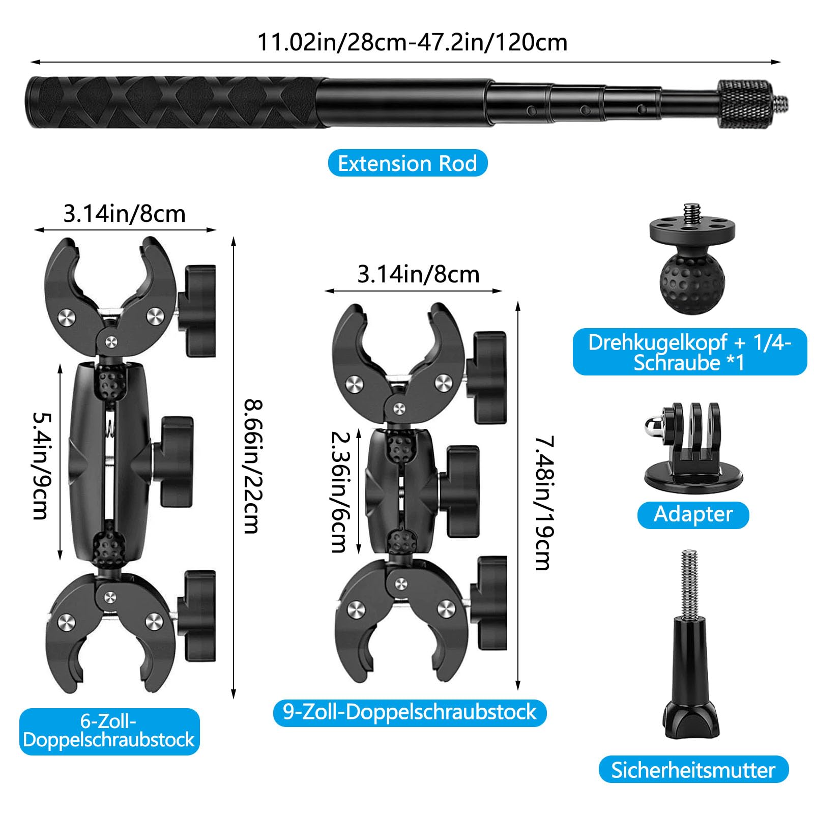 Supporto per fotocamera per moto e bicicletta, 120 cm, selfie stick, doppio morsetto