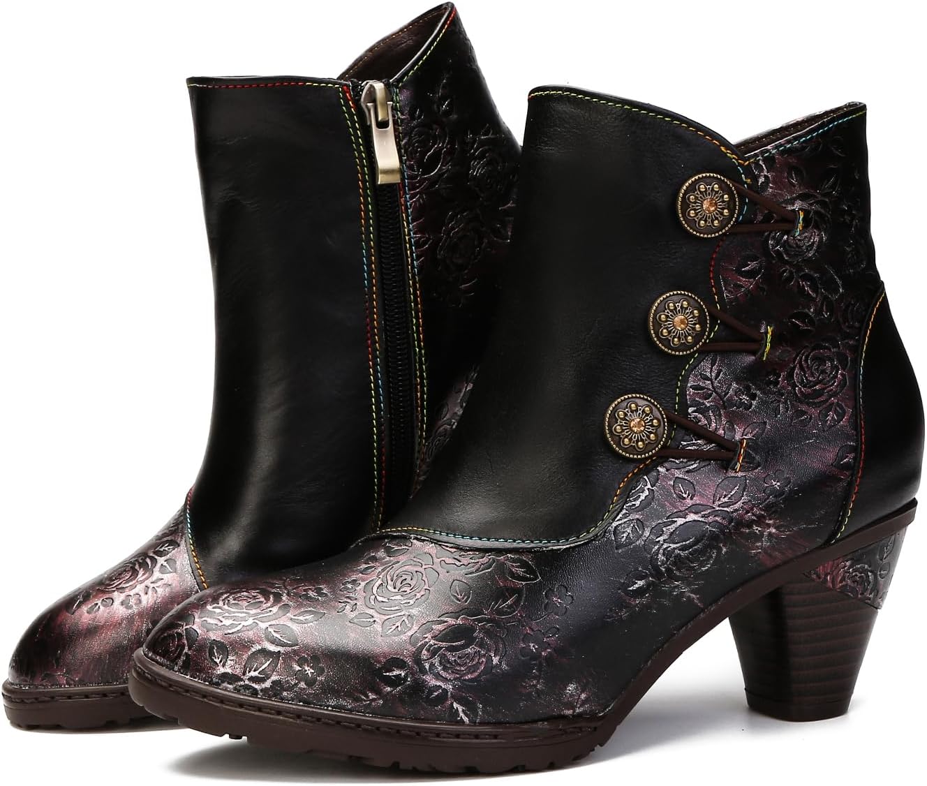 Superladystar's Handmade Floral Stitching Women's Ankle Boots, Cowhide Leather, Hand-embossed, Retro Style