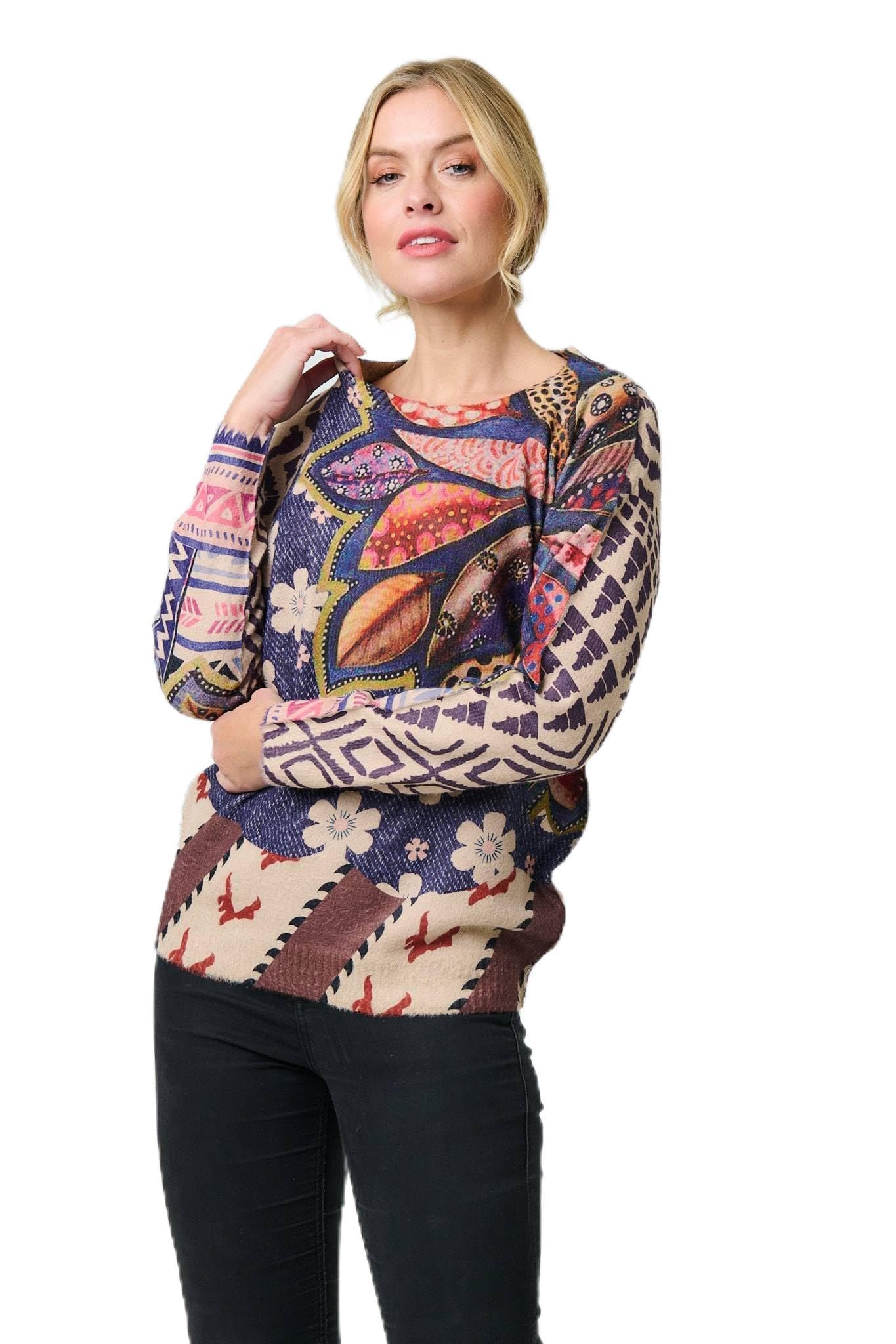 Izabel London Women's Blue Leaf Print Drop Shoulder Jumper For Uk With A Round Neck, Long Sleeves And Hip Length Hem.