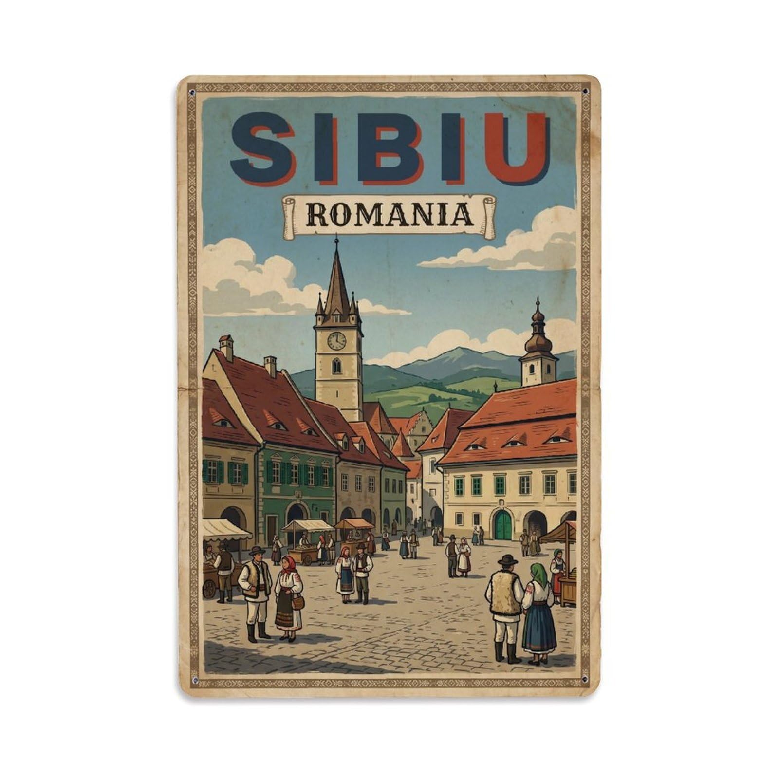 Romania Sibiu Travel Retro Metal Tin Sign Plaque Wall Decor for Cafe, Club Bar, Office, Garden Metal Poster 8x12Inch