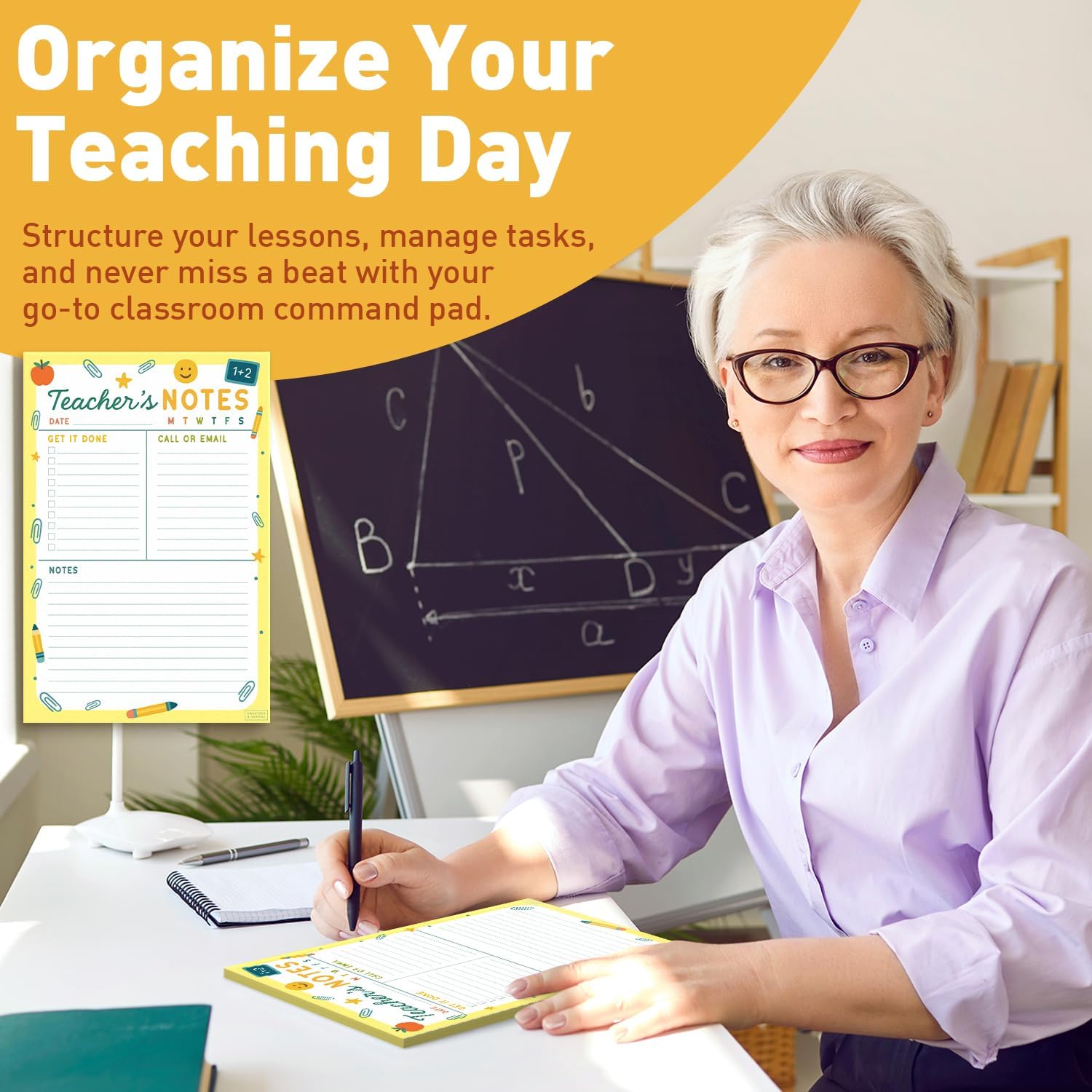 Sweetzer & Orange Teacher Planner Pad – Weekly Undated Lesson Planner for Teachers – 60 Tear-Off Sheets – 9” x 6” Compact Desk Notepad with Notes and Contact Section – Bright Yellow Border image 4