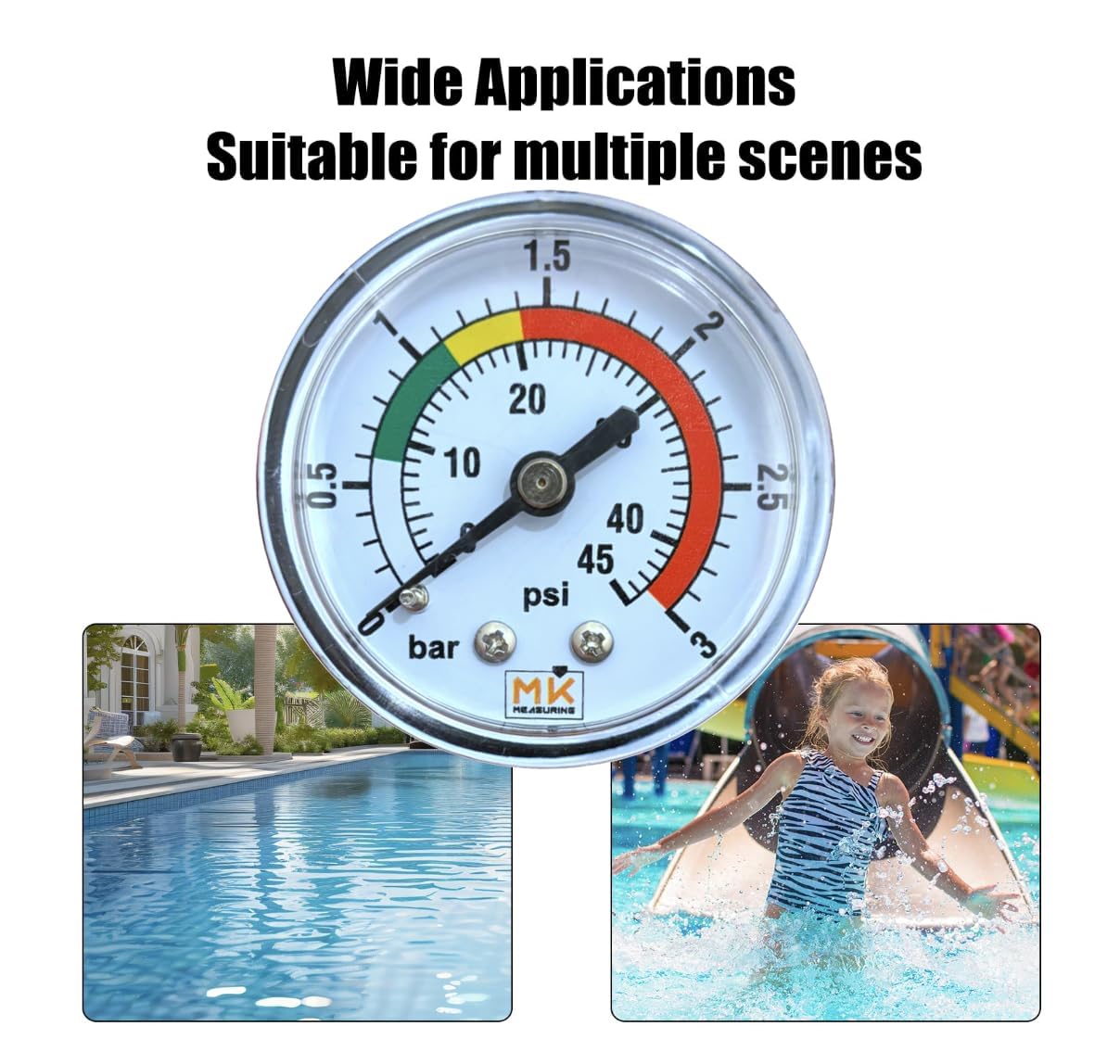 Manomètre de Filtre Piscine 0-3 Bar / 45 PSI, Raccord Laiton 1/4" NPT connexion axial, Cadran 2", Pour Filtre à Sable – Avec Téflon et Adaptateur 1/8"