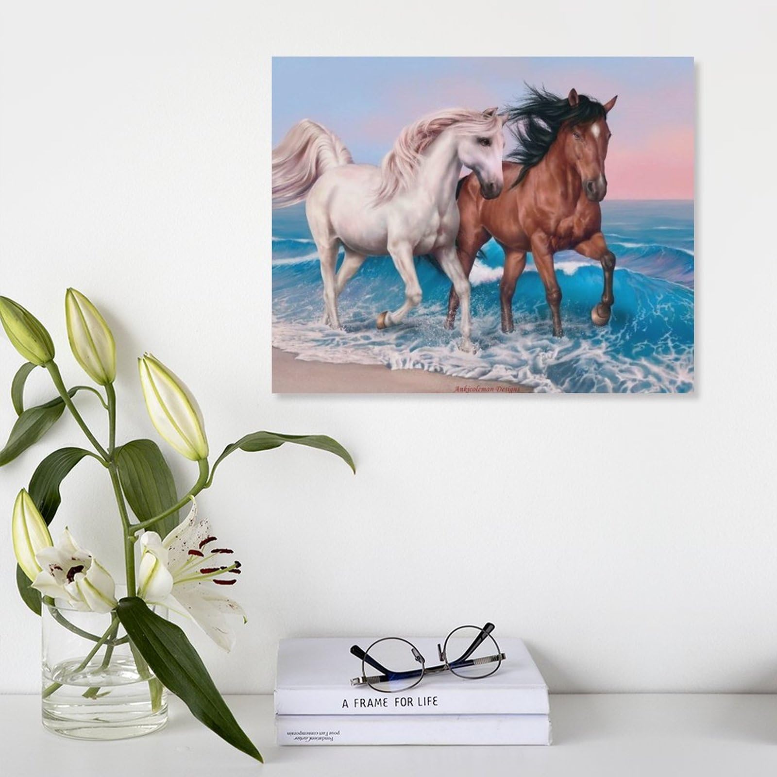 Amazon.co.jp: 絵画 夕暮れ時に2頭の馬が浜辺を走るインテリア 絵画