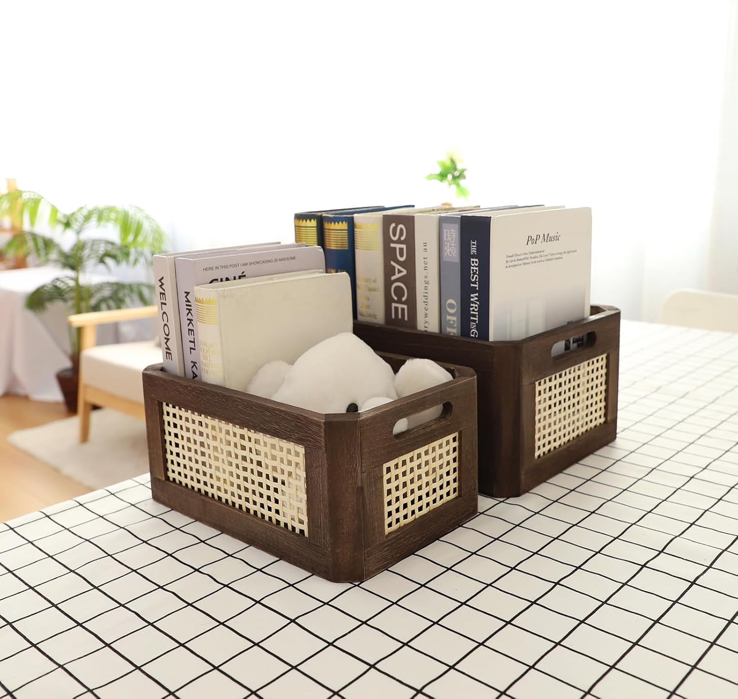 Elegant Handwoven Rectangular Rattan Storage Baskets, Portable For Cabinet Space Saving Designs, Wooden Crate (Brown-Set2)