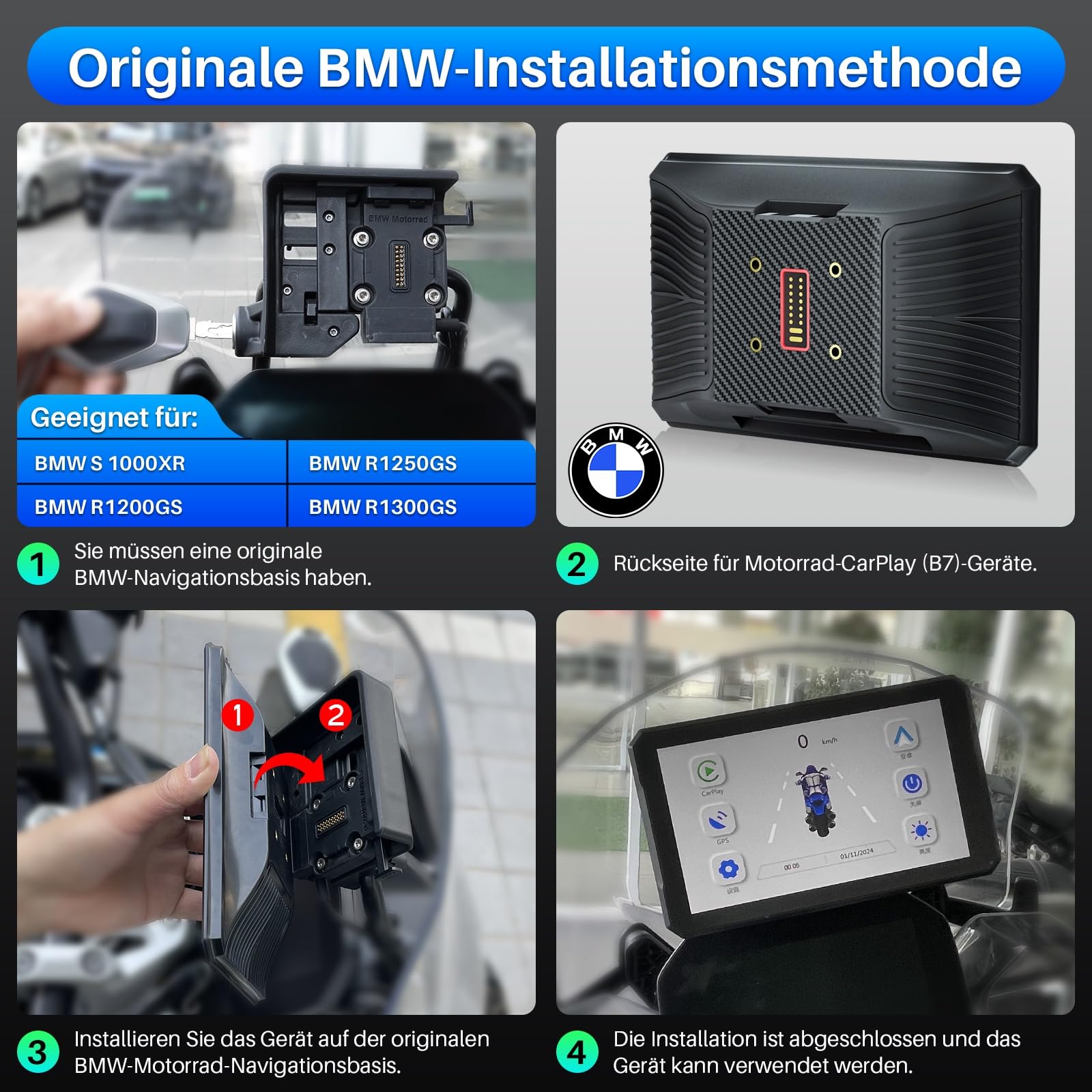 Motorrad Carplay für BMW Motorrad 7 Zoll Bildschirm Wireless CarPlay & Android Auto, GPS Navigation, Bluetooth, Wasserdichter Touchscreen Motorradnavigationsgerät, Kompass, Siri/Google_Assistant
