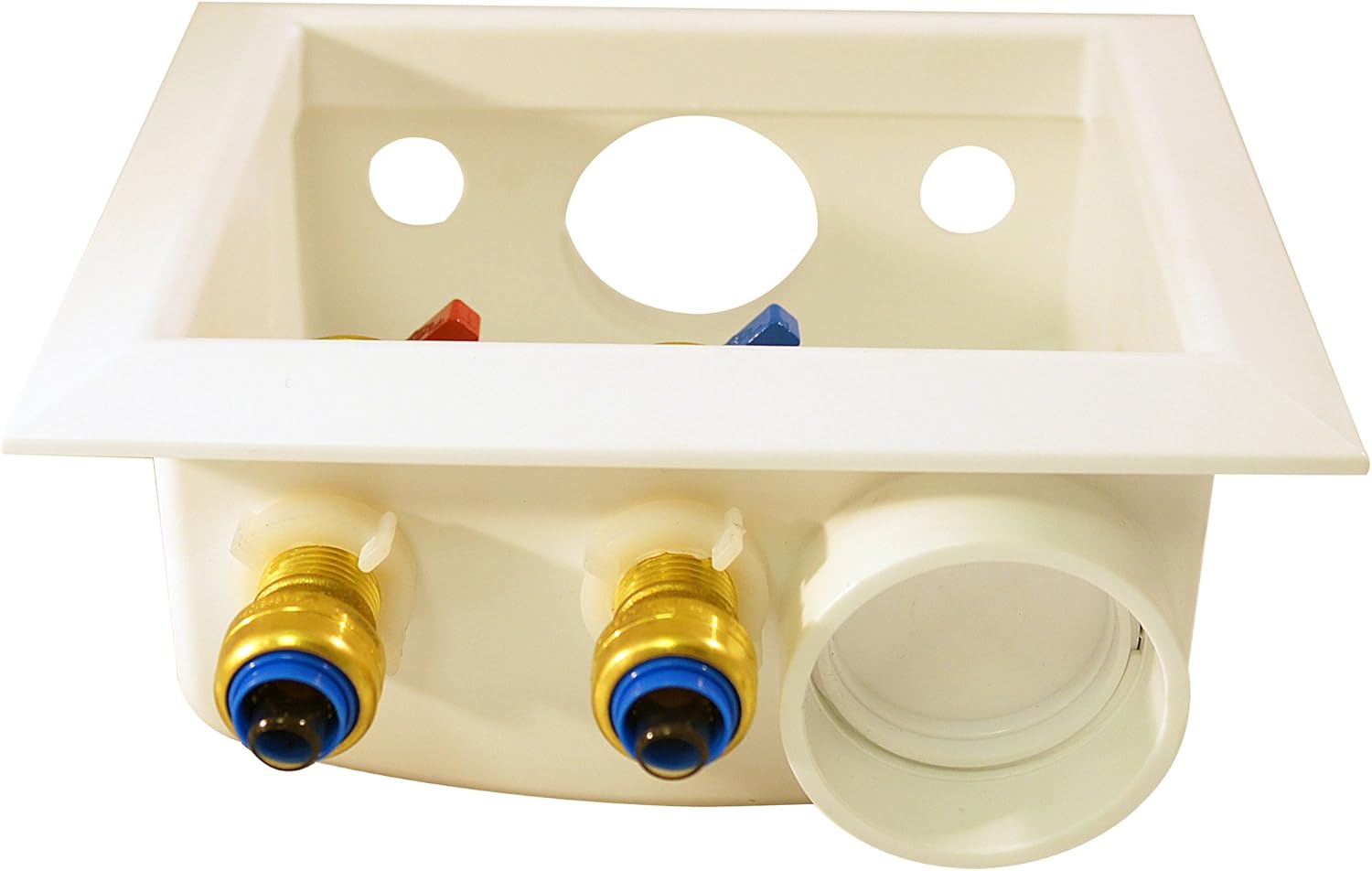 De dalt a baix view of the Tectite FSBBOXWM Outlet Box, showing the valve connections and drain opening.