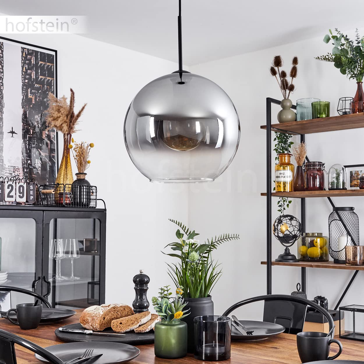 HOFSTEIN Hängeleuchte Koyoto, 1-flammige Hängelampe aus Metall/Glas in Schwarz/Rauchfarben/Klar, moderne Pendelleuchte im Retro/Vintage-Design, Ø 30 cm, E27, Esszimmer, Küche, Wohnzimmer