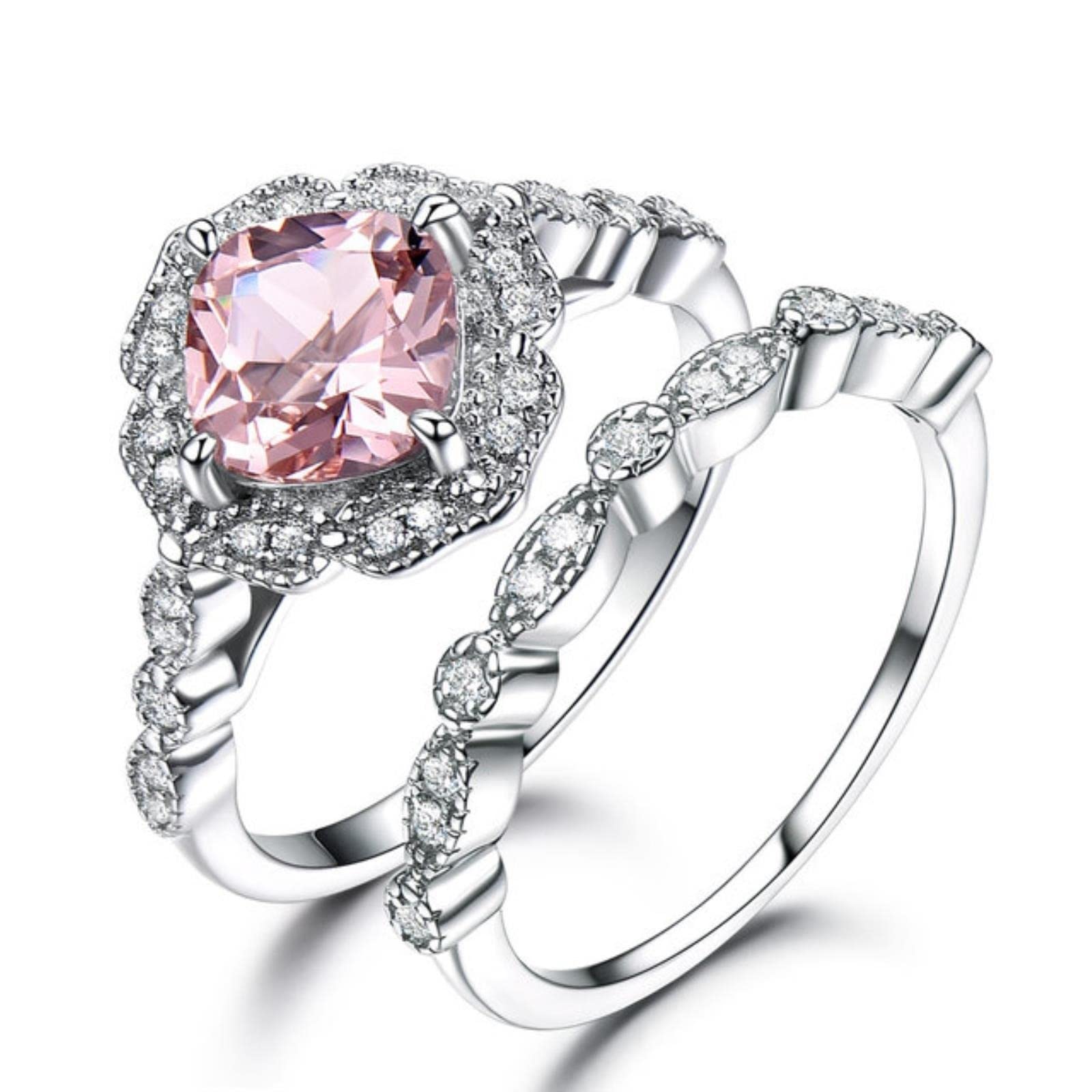 2 Unids/Set Creado Nano Morganite 925 Anillos De Plata Esterlina Encanto Flor Anillo De Plata Conjunto para Mujeres Joyería Fina