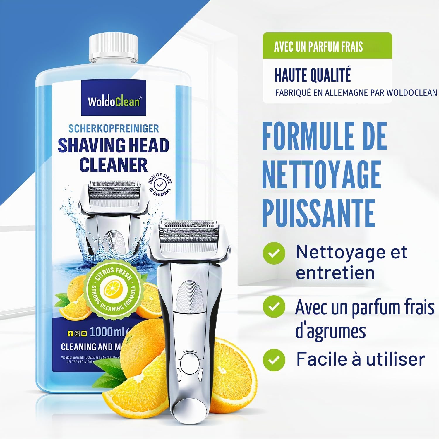 WoldoClean Liquide de recharge nettoyant pour tête de rasoir 1 000 ml – Compatible avec cartouches Braun Clean & Renew, nettoyant rasoir à l’alcool, parfum citron