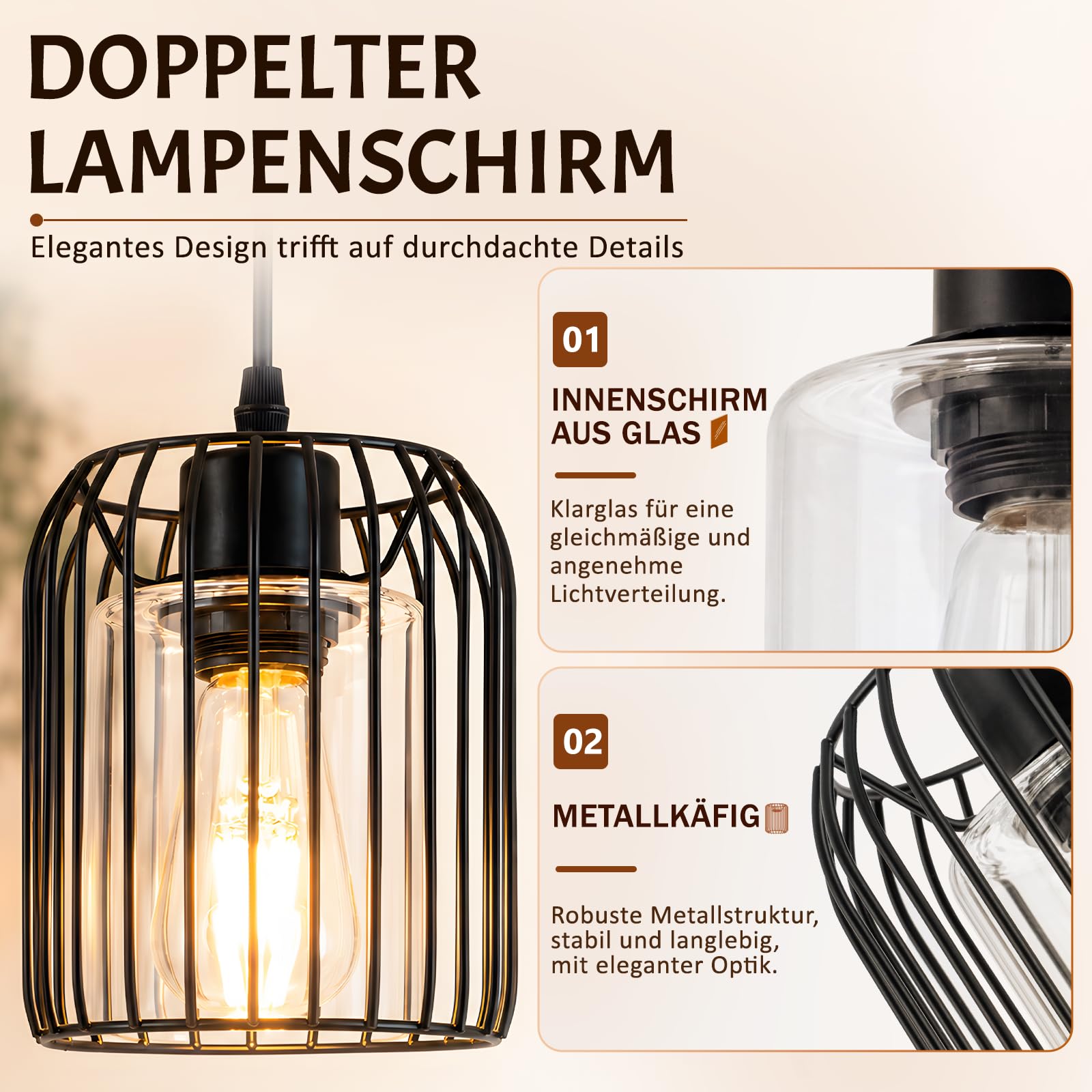 ZMH Suspension vintage noire pour table à manger Suspension E27 en verre