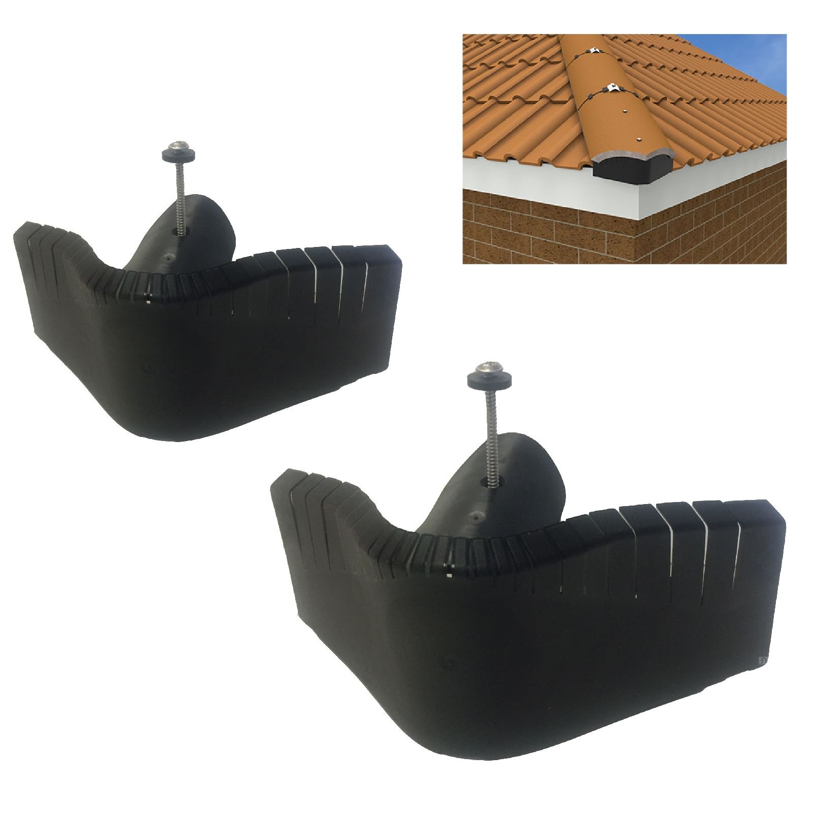 2 x Universal Black Hip End Tile Closer Units, Dry Roof Fixing to Replace Mortar