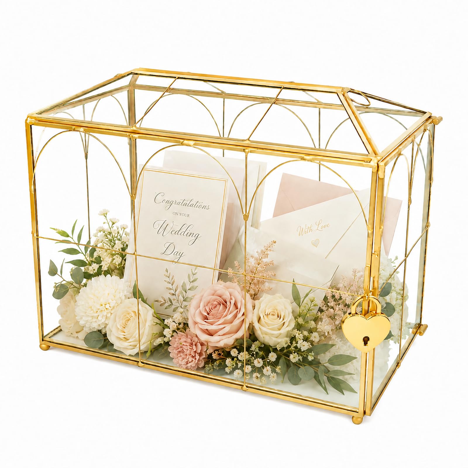 セキュアドガラス ウェディングギフトカードボックス Amazon.com: Wedding Gold Glass Card Box with Lock and Slot