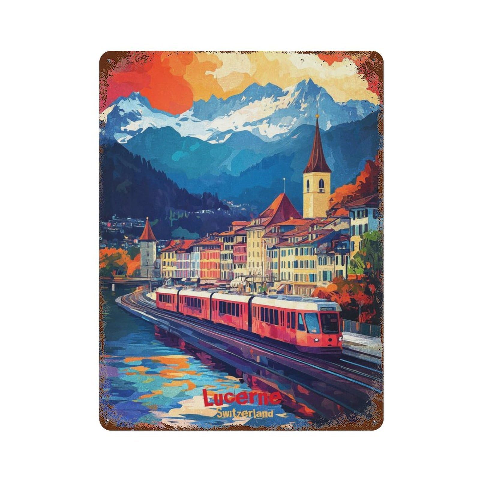 Rust Effect Lucerne Art Distressed Metal Wall Sign 15.7"x11.8", Decorative Metal Wall Art for Living Room, Hallway And Home Decor