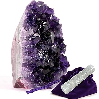 SUPERIOR Amethyst Crystal Rock Cluster [3/4 to 1 lbs] - Natural Edge, Flat Bottom, Healing & Calming Unique Amethyst Purple Geode Stone - Ideal Purple Decoration - Free Selenite Wand