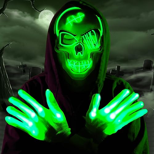 OceanWings Máscara LED de Halloween con guantes, disfraces iluminados, máscara de miedo para suministros de fiesta