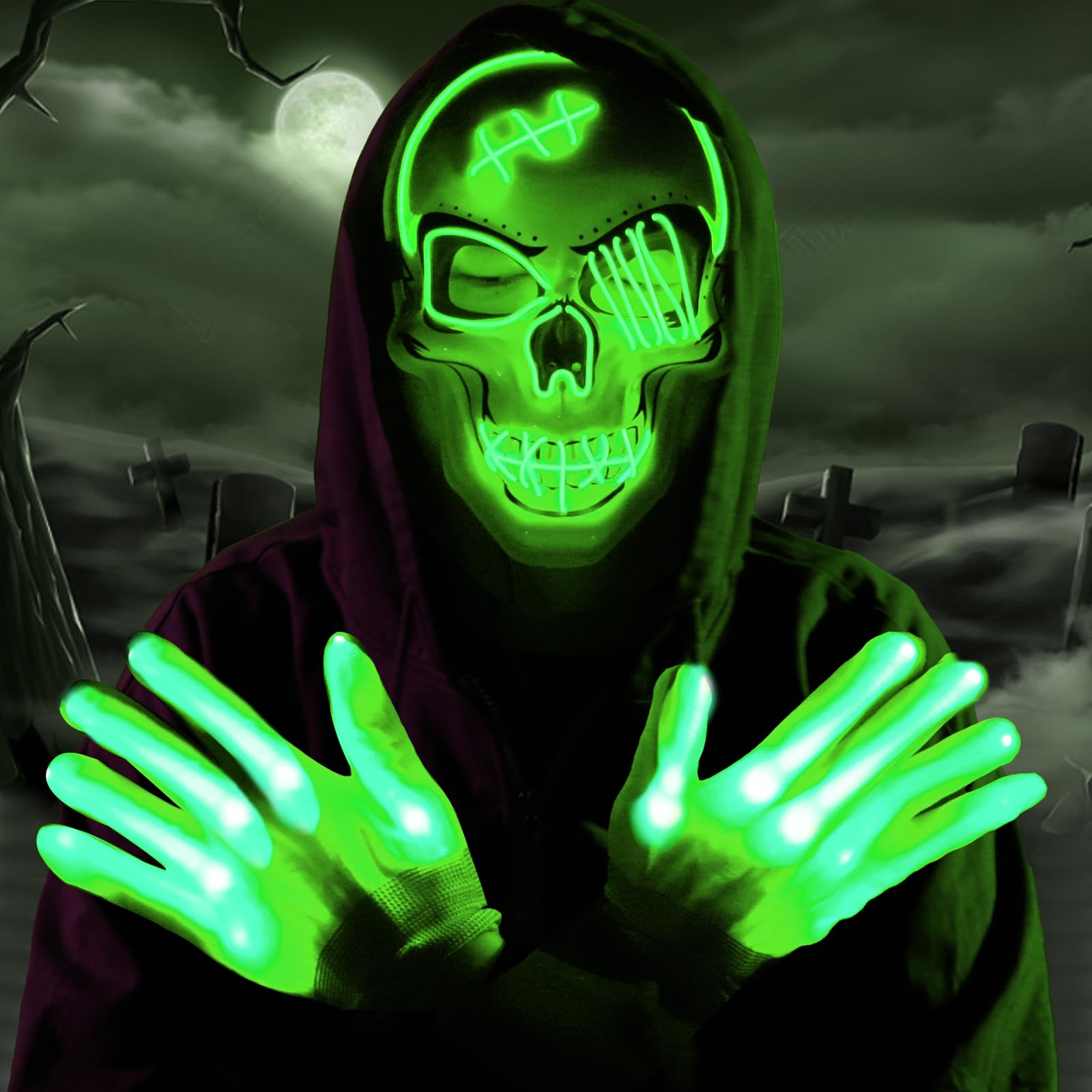 OceanWings Halloween LED Mask with Gloves Light up Costumes Scary Mask for Party Supplies Favor