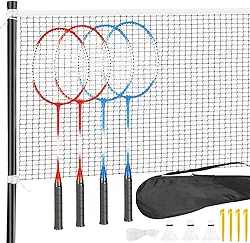 Kit Badminton, Premium Badminton Portátil, 4 Raquetes 3 Petecas de Nylon Rede e Suporte, Raquete Badminton para Diversão em Família, Praia ou Casa