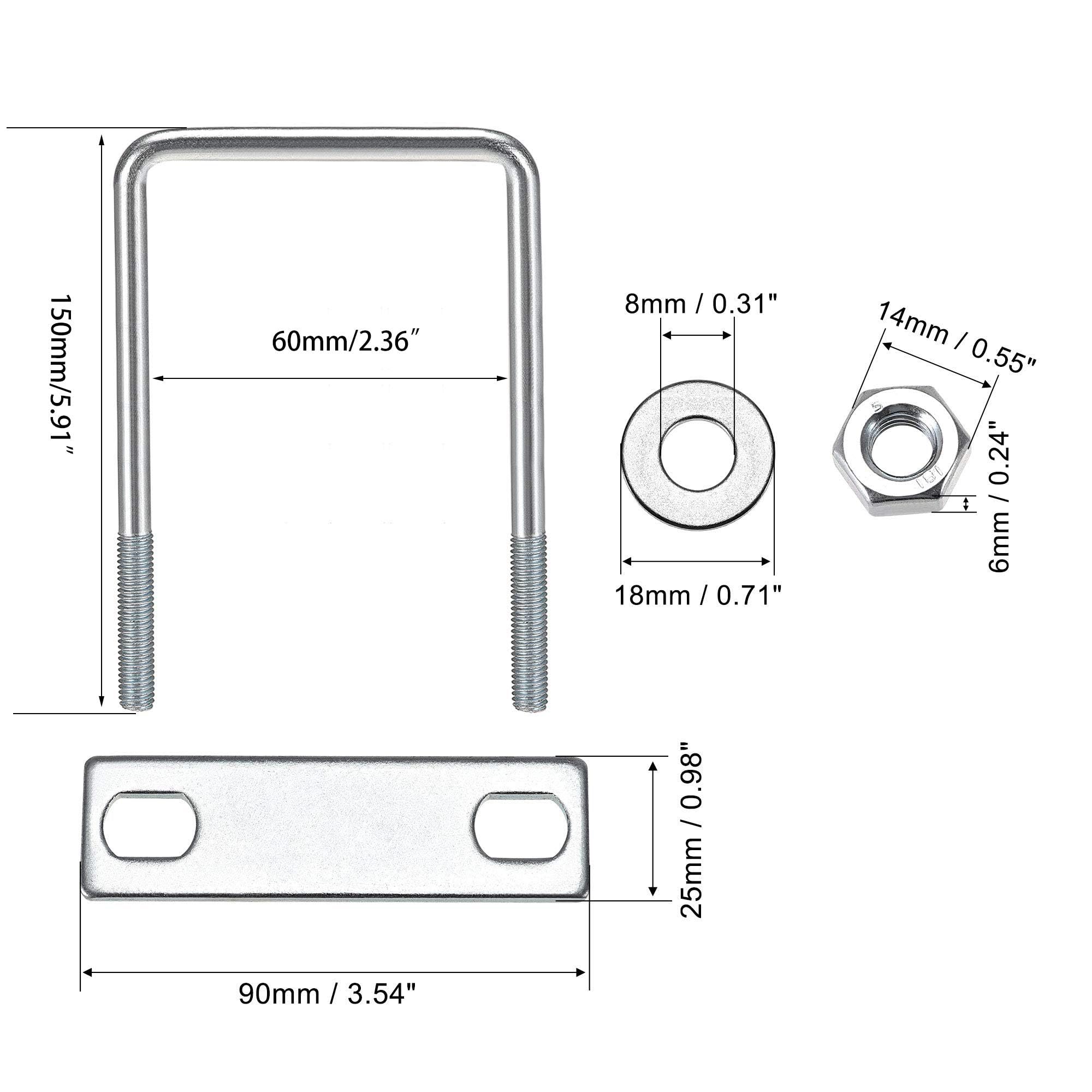 TOP-VIGOR M8 Square U-Bolts, 60mm Inner Width 150mm Length Steel U-Bolts with Nut, Plate - Image 2