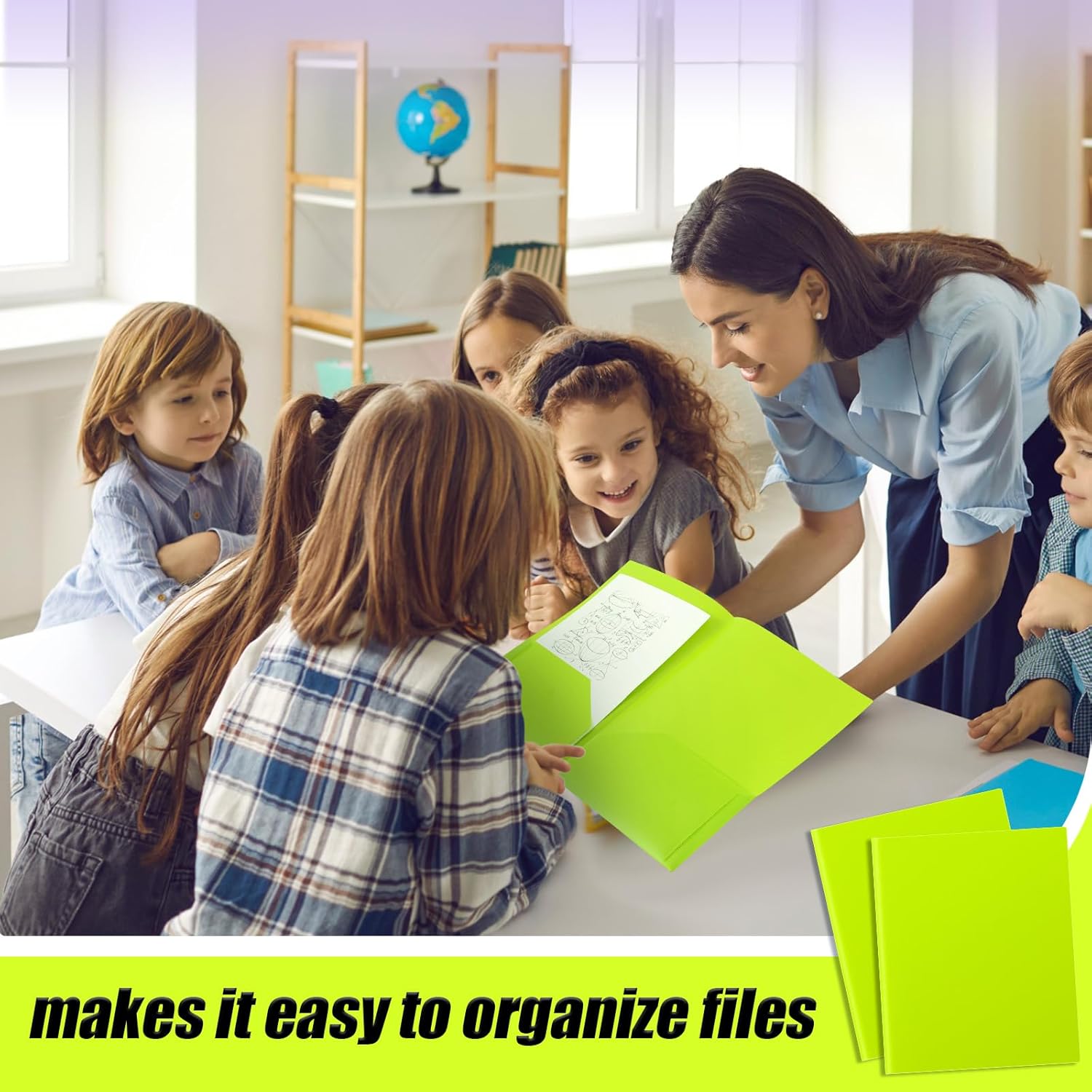 Gueevin 72 Pcs Plastic Folder with Pockets, Two Pocket Folders, Fit Letter Size Paper, Heavy Duty Durable File Folders with Business Card for Home Office School, Holds 100 Sheets (Lime Green)