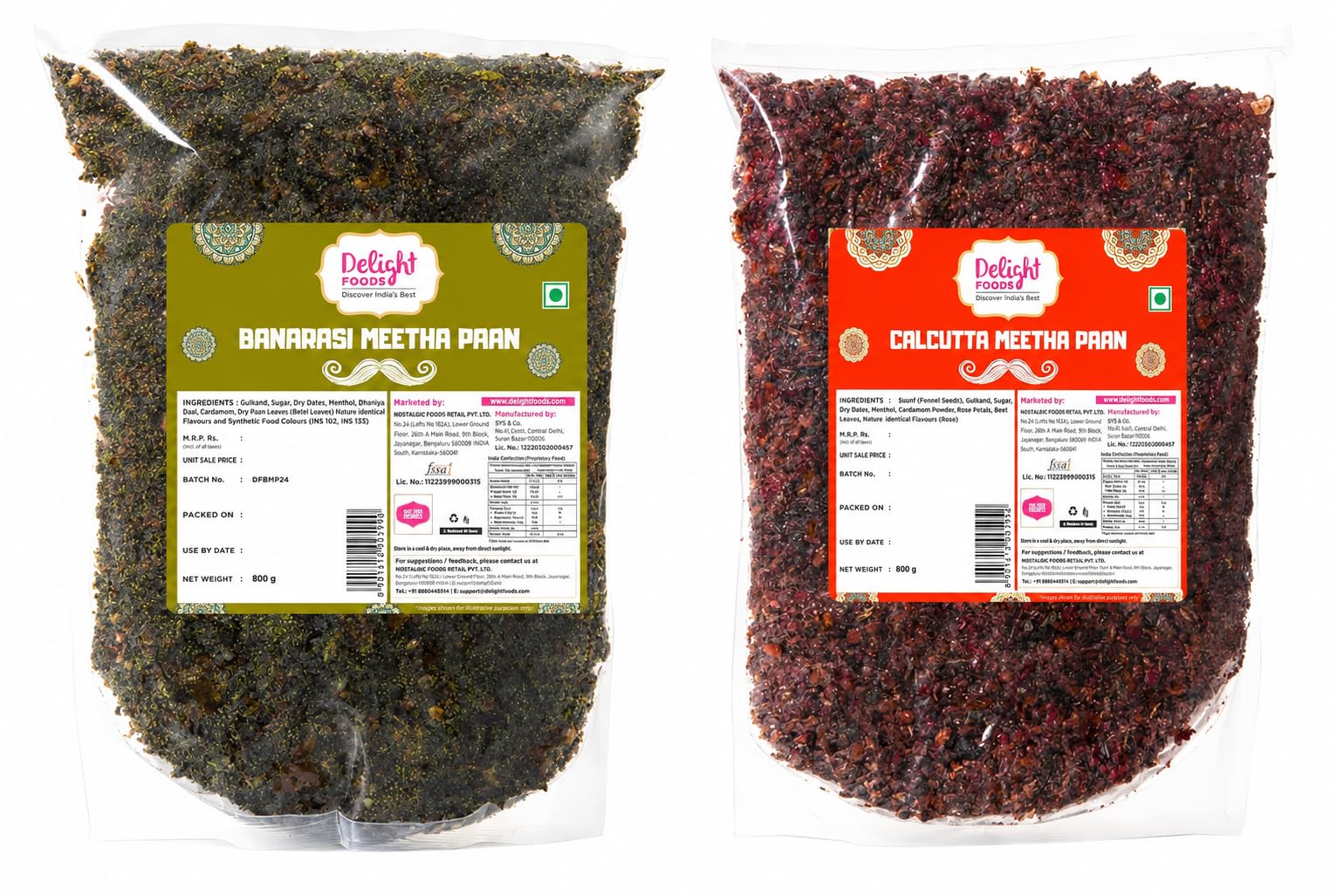 Delight Foods Calcutta & Banarasi Meetha Paan Mukhwas Combo Pack 1.6kg (800g x 2) | Sweet Paan Mouth Freshener | Without Supari & Areca Nut | Traditional Mukhwas | After Meal Digestive | Hygienically Packed | Refreshing Indian Sweet Mix