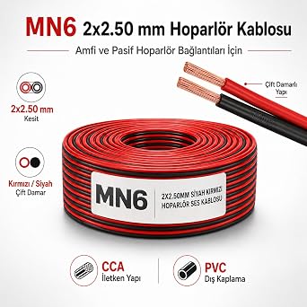 MN6 MN250HKF 2x2.50 mm Hoparlör Kablosu 30 Metre Siyah Kırmızı Kordon Amfi ve Ses Sistemi Kablosu