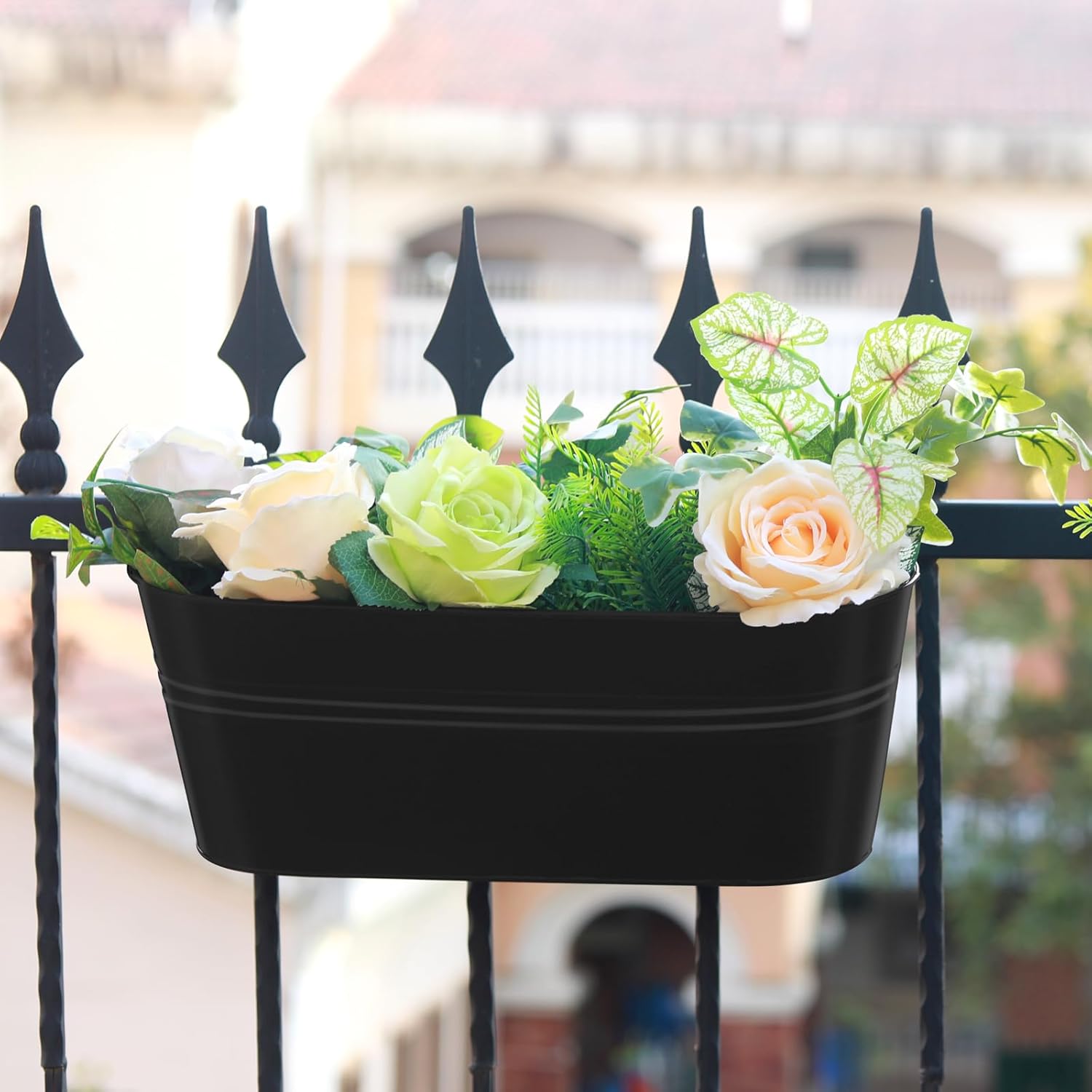Railing Planter Box 16 Inch Metal Balcony Planters with Adjustable Brackets and Drainage Window Balcony Fence Deck Hanging Flower Pots for Outdoor Plants Apartment Patio Decor Black(4PCS)