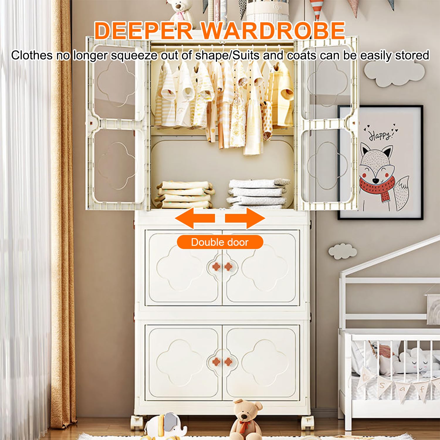 Armadio per vestiti, Sistema di Bloccaggio a Clip, ruote, Beige Chiaro (Ogni strato supporta 15 kg, Armadio a 2 scomparti da 75 cm, Guarda-Roba con 1 appendiabiti, 75 * 45 * 167 cm)