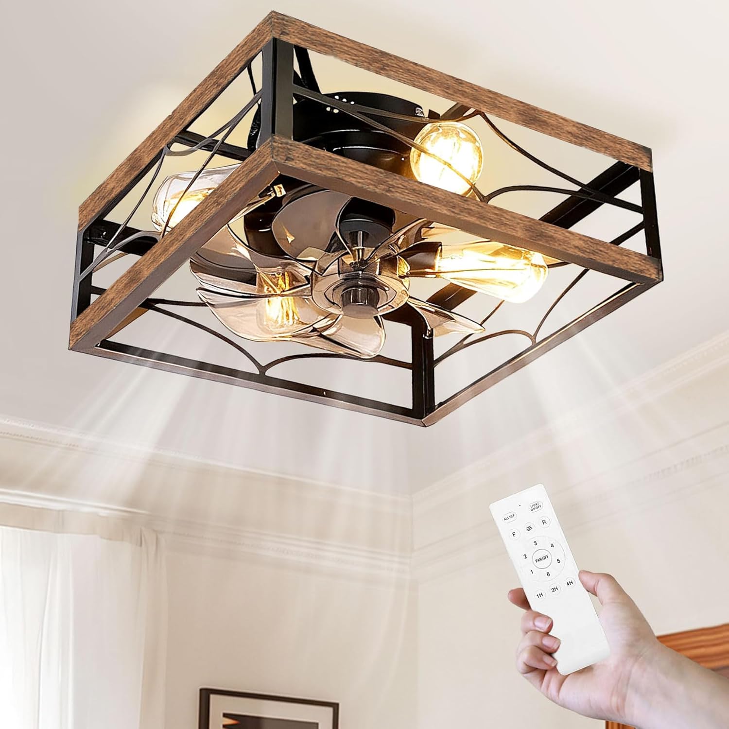 20‘’ Caged Ceiling Fan with Light and Remote Rustic Large Square Flush Mount Ceiling Fan Farmhouse Bladeless Ceiling Fan for Bedroom, Kitchen, Dining Room 6 Speed &Timer, Black