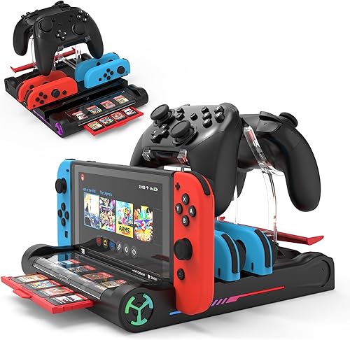 Qoroos Estación de carga para Nintendo SwitchOLED Estación de carga Joy Con Base de carga Soporte Nintendo Switch Dock con 8 ranuras para tarjetas,