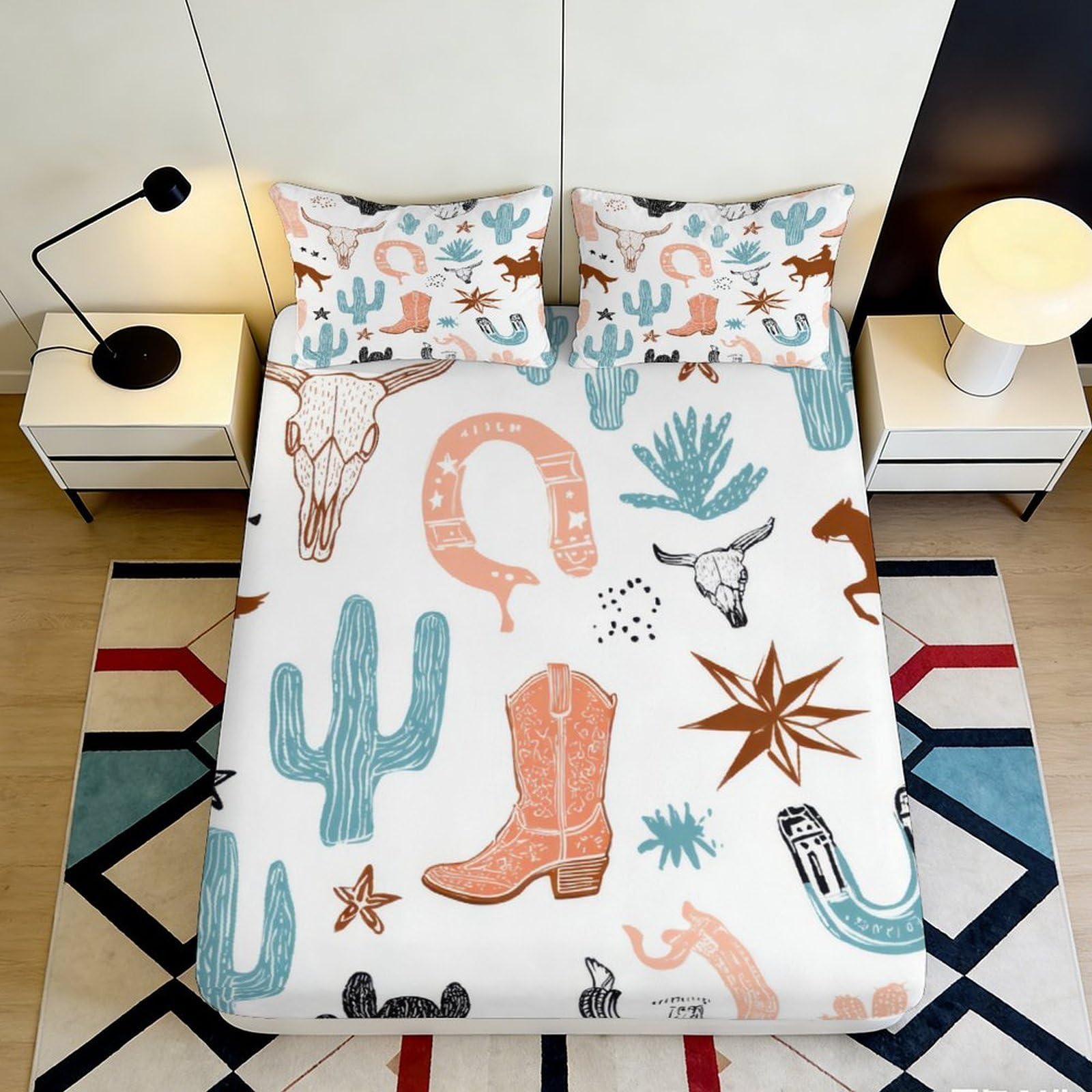 3D Printed Western Cowboy Fitted Sheet Microfiber Soft Cactus Boots Bed Sheet for Bedroom Guestroom Decor 90x200x25cm