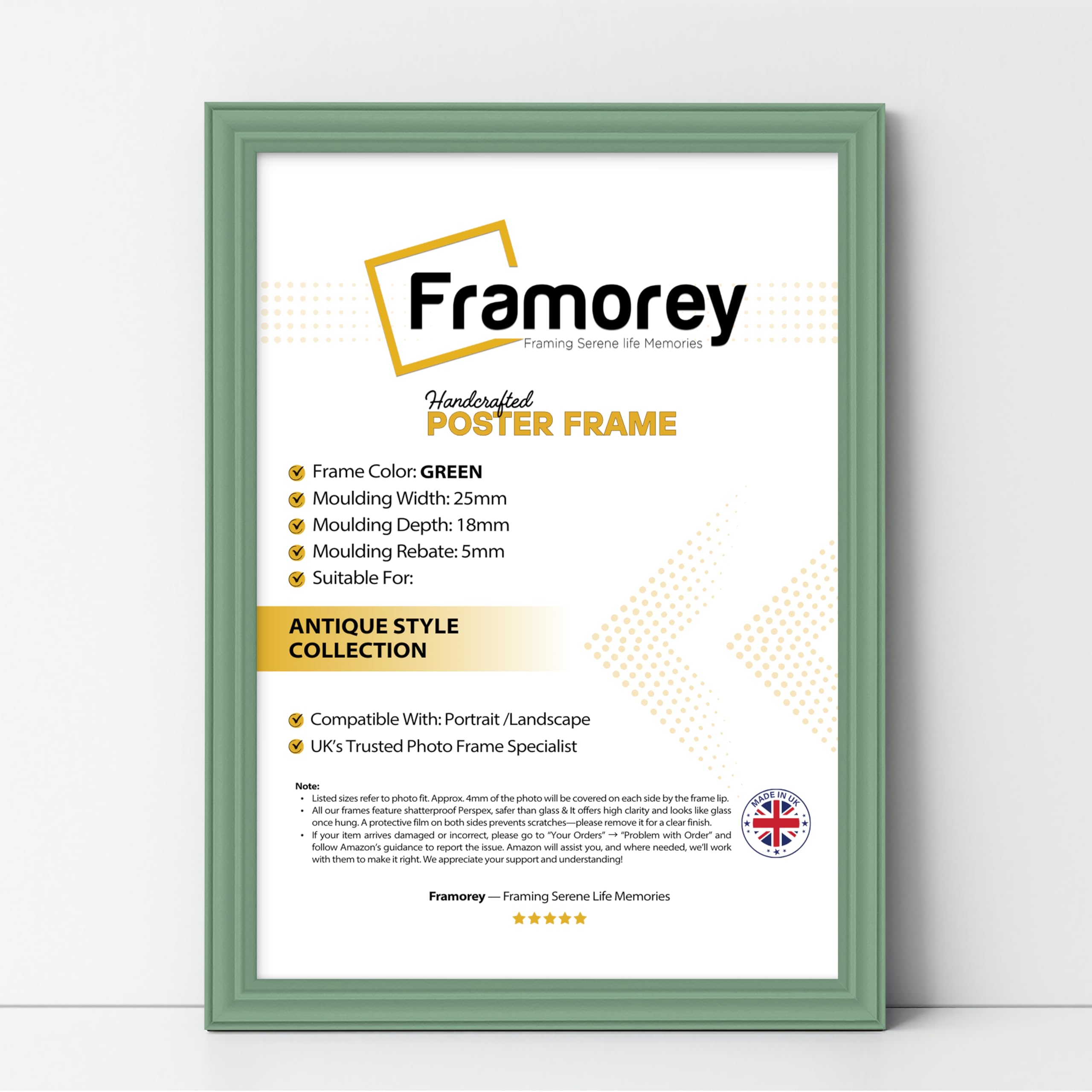 FRAMOREY Green A4 Size Picture Frame, Wall Hanging Photo Frames, LW Antique Style Print Poster Frame, Wall Hanging Frames