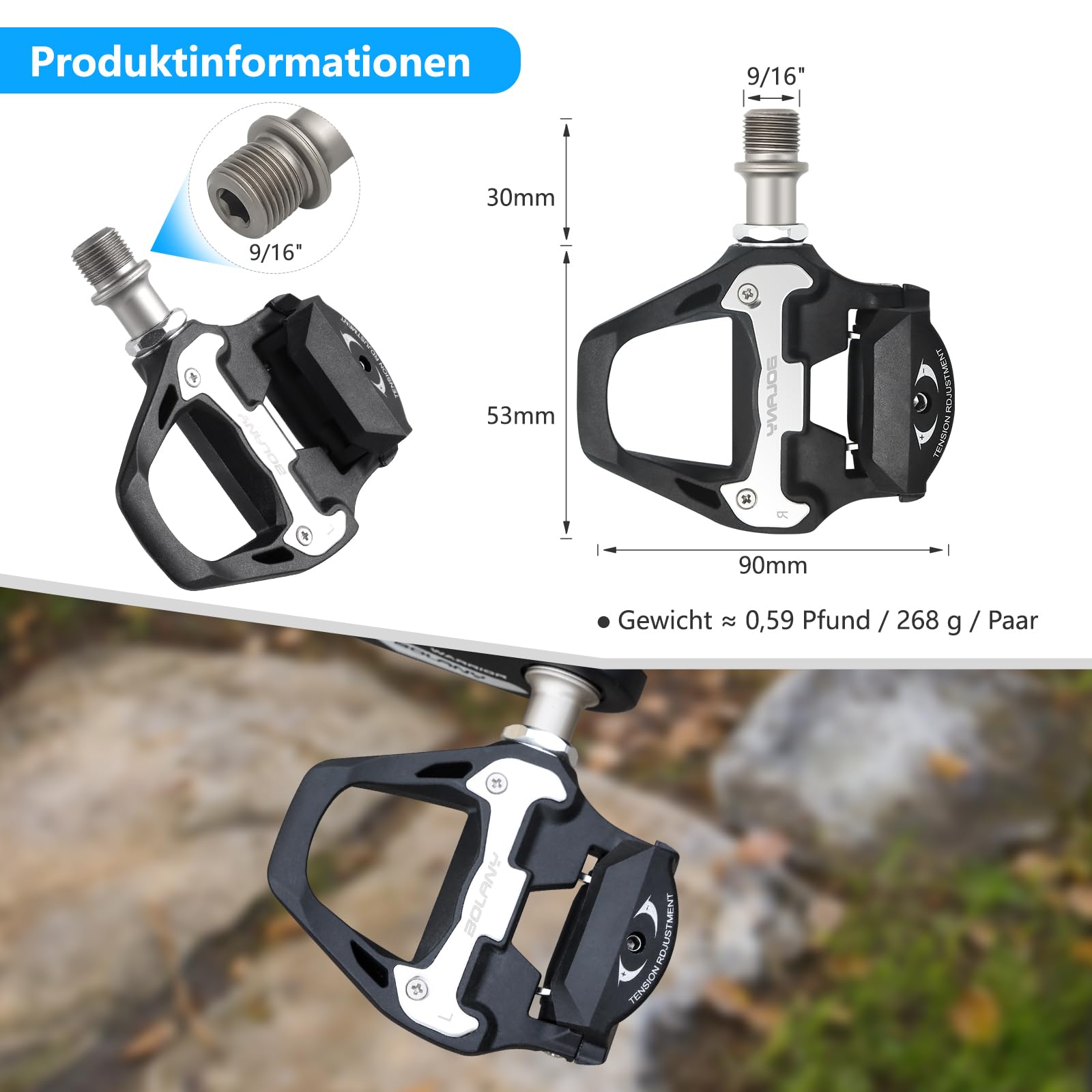 'BOLANY Road Bike Pedals, SPD-SL Pedals Bicycle Clipless Sealed Bearing Nylon Lightweight Pedals Compatible with Shimano SPD-SL Cleats for Outdoor Indoor Cycling (9/16'')'