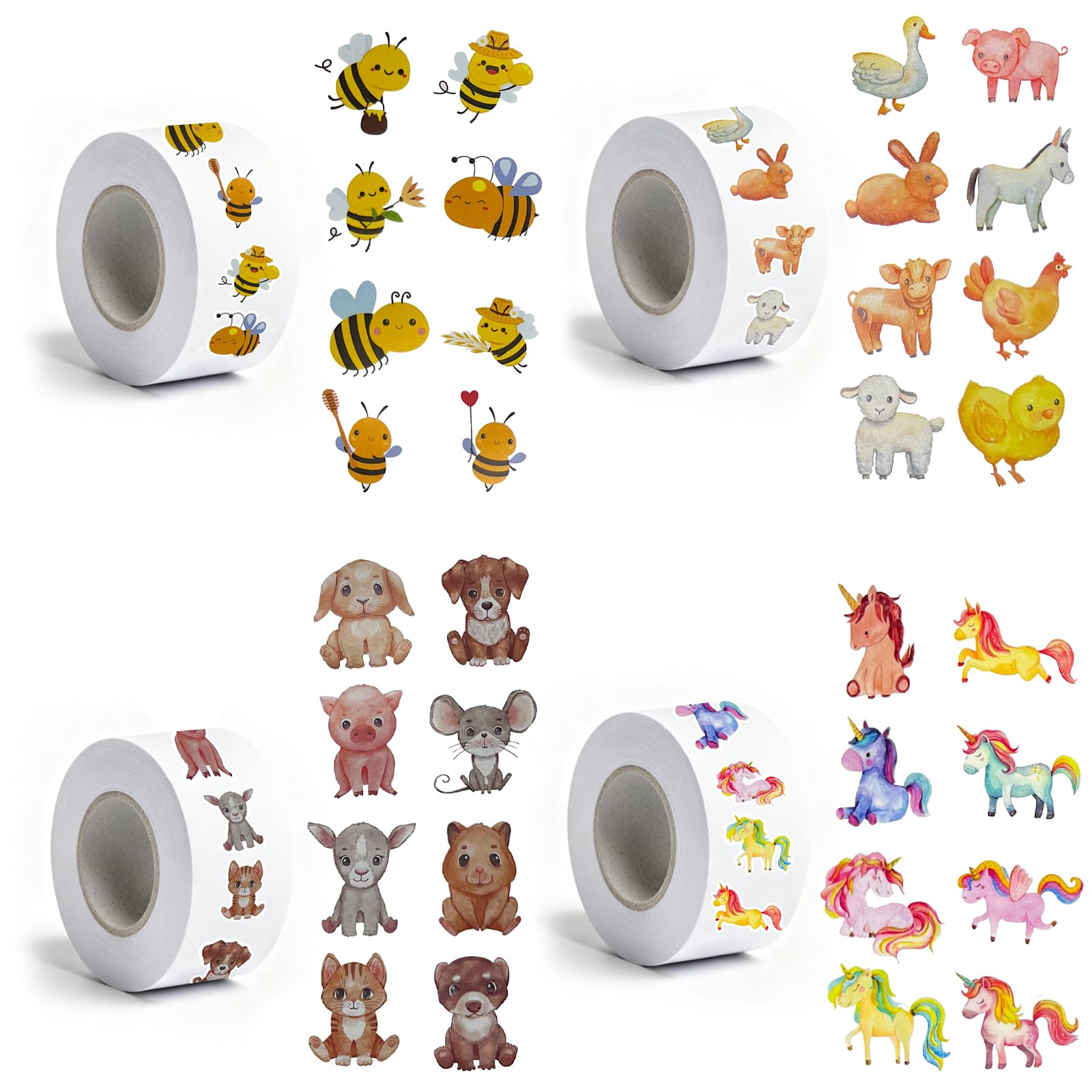 4 Roll Tier Sticker Kinder Stickers,Tieraufkleber Runde Cartoon Tier Aufkleber,Tiersticker Wasserdicht Tiersticker zum Aufkleben Kinder,Selbstklebende Stickerrolle für Scrapbook Laptop Trinkflasche