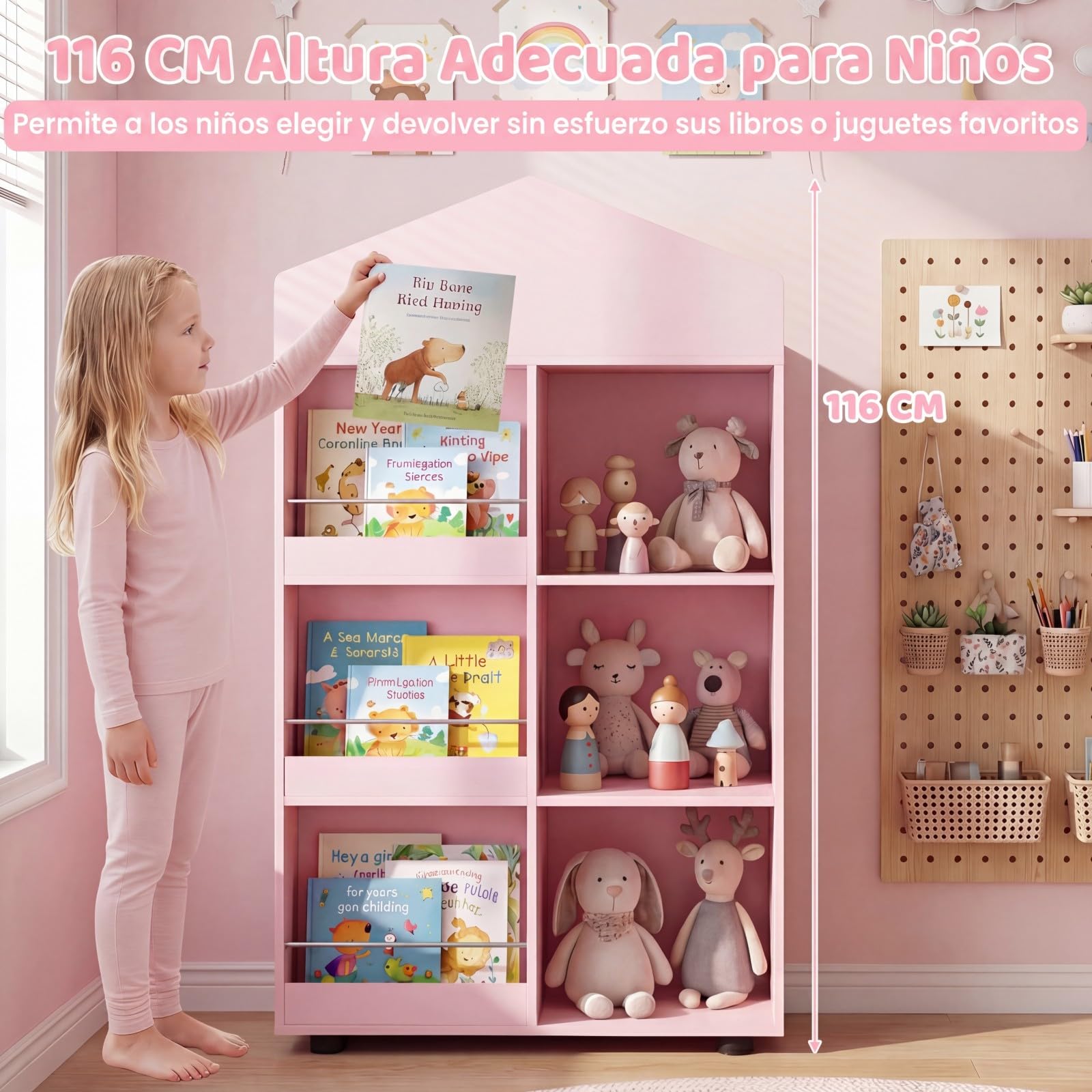 COSTWAY Estantería Infantil de Madera, Organizador Juguetes Tipo Casita de Muñecas con Compartimentos, Kits Antivuelco, Barras y Baffles Anticaída, Biblioteca para Sala de Juegos,64x30x116cm (Rosa)