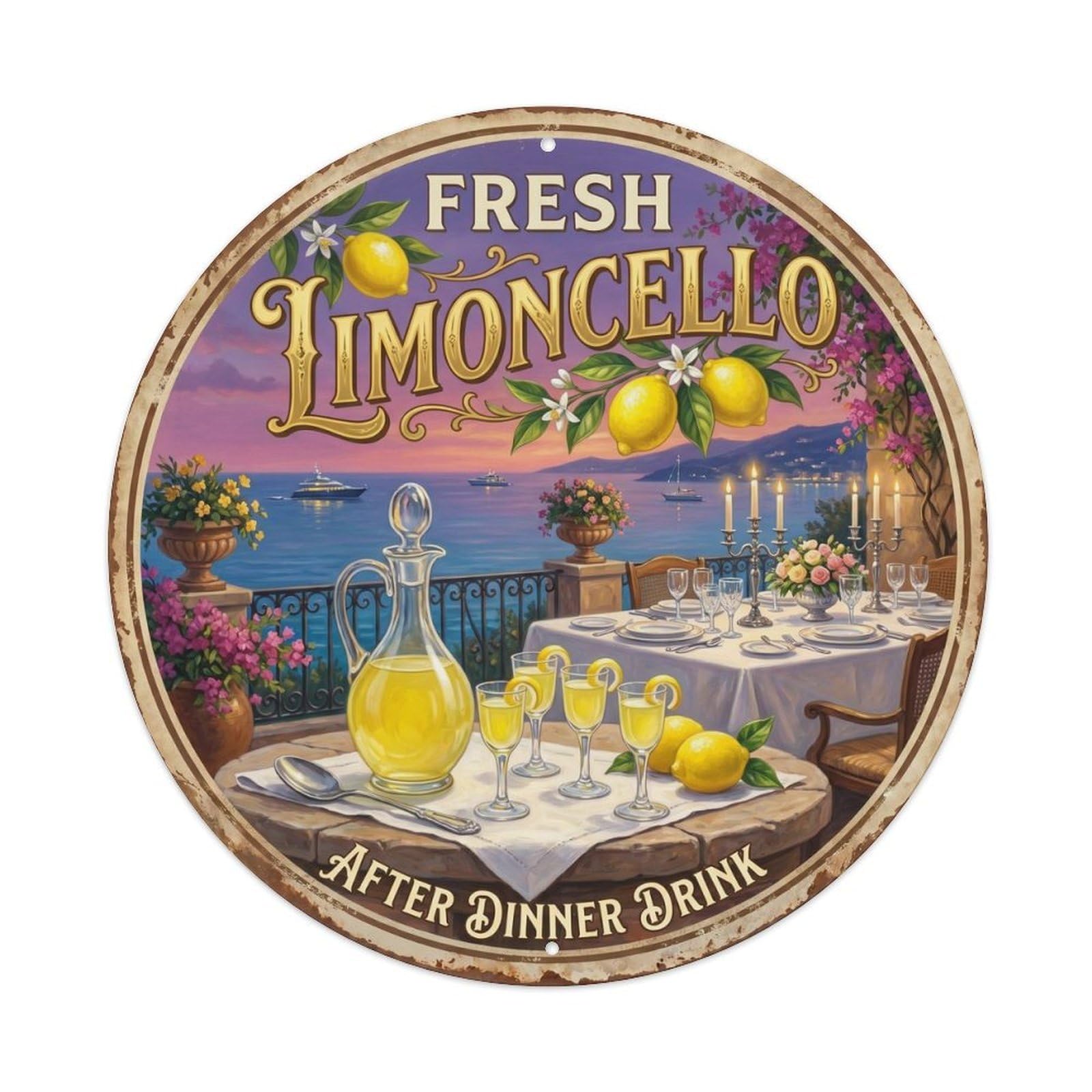 Classic Limoncello Elixir Vintage Metal Tin Sign Plaque Wall Decor for Cafe, Club, Garden Round Metal Poster 8x8Inch