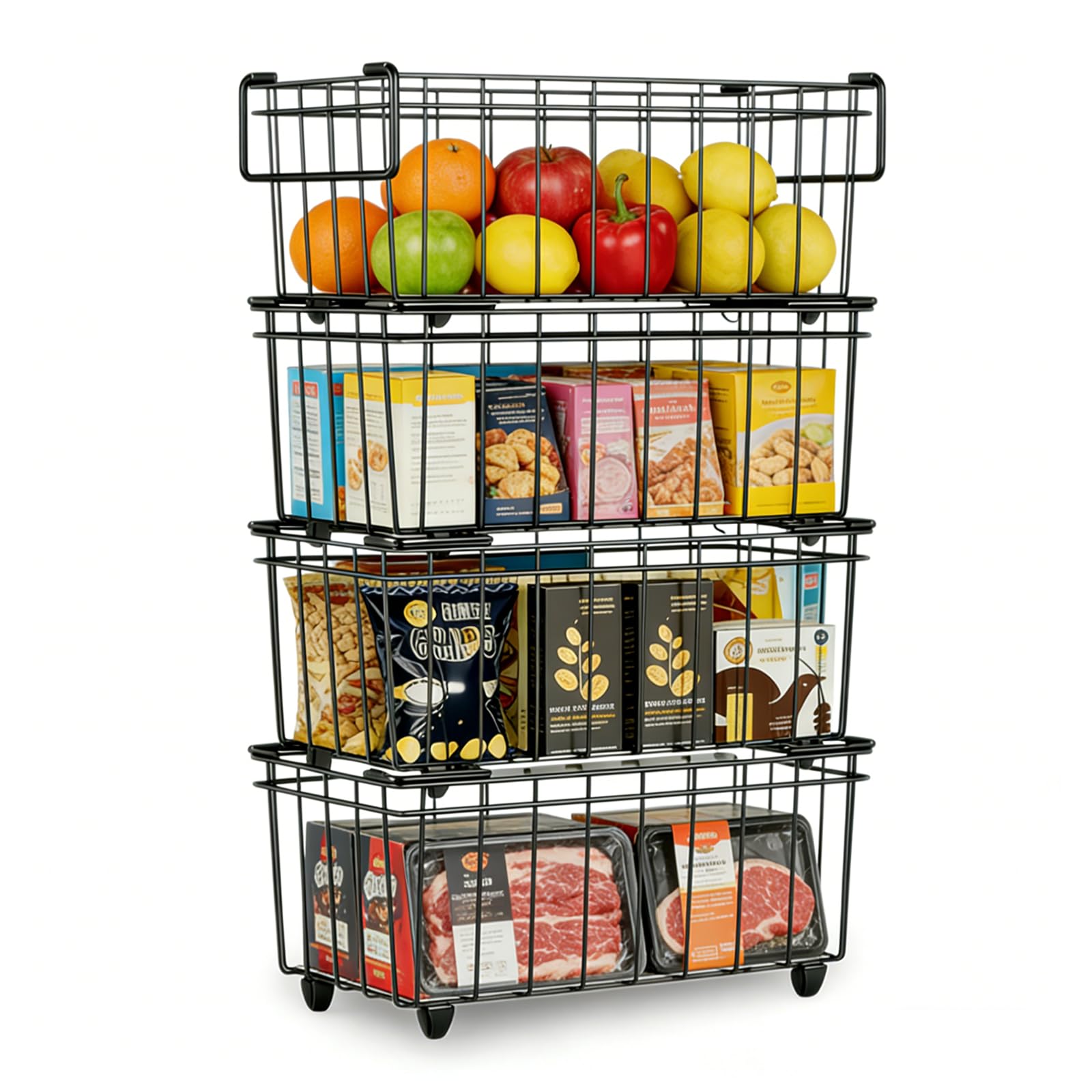 Meetoz Freezer Baskets 4-Pack, Stackable Freezer Storage Baskets For Chest Freezers, With Handles Easily Sort And Get Frozen Foods, Allows Air Circulation For Better Freshness