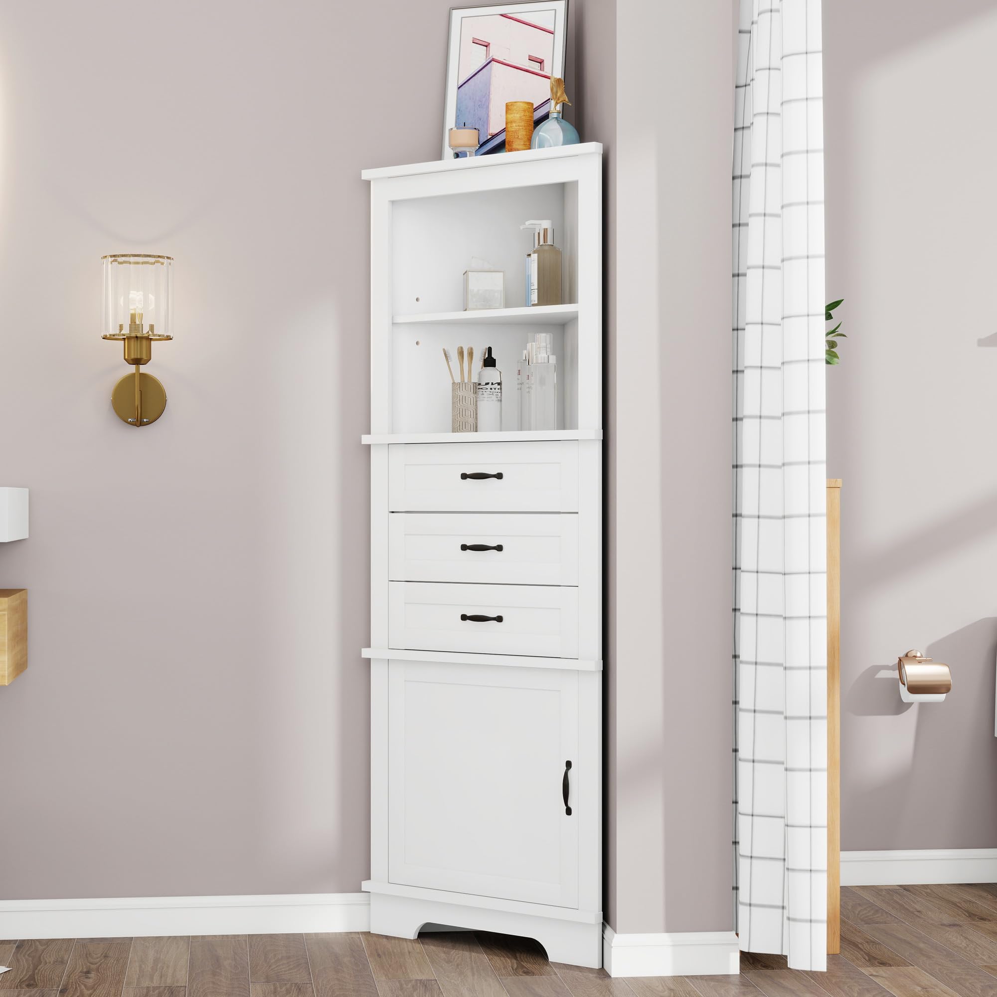 Armario esquinero para baño, 57,7 × 46 × 167,5 cm, dos estantes abiertos, tres cajones, color blanco, estantes ajustables, asas negras