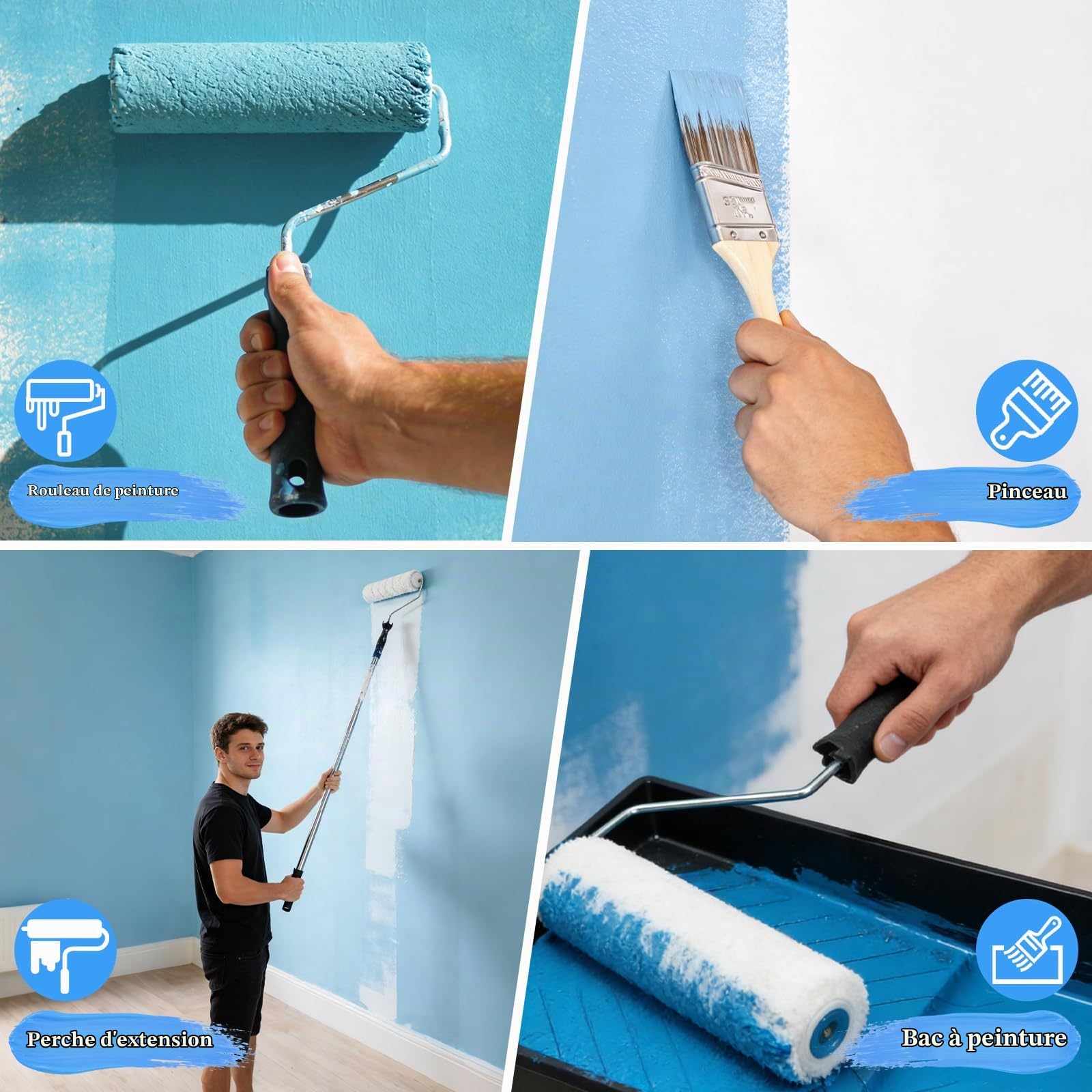 Qivine Kit de Rouleau Peinture avec Tige Télescopique, 20 Pièces Petit Rouleau Peinture Kit, Rouleau de 9 inch avec Pinceau, Kit Peinture Mur pour Peindre les Murs, les Bordures et les Plafonds