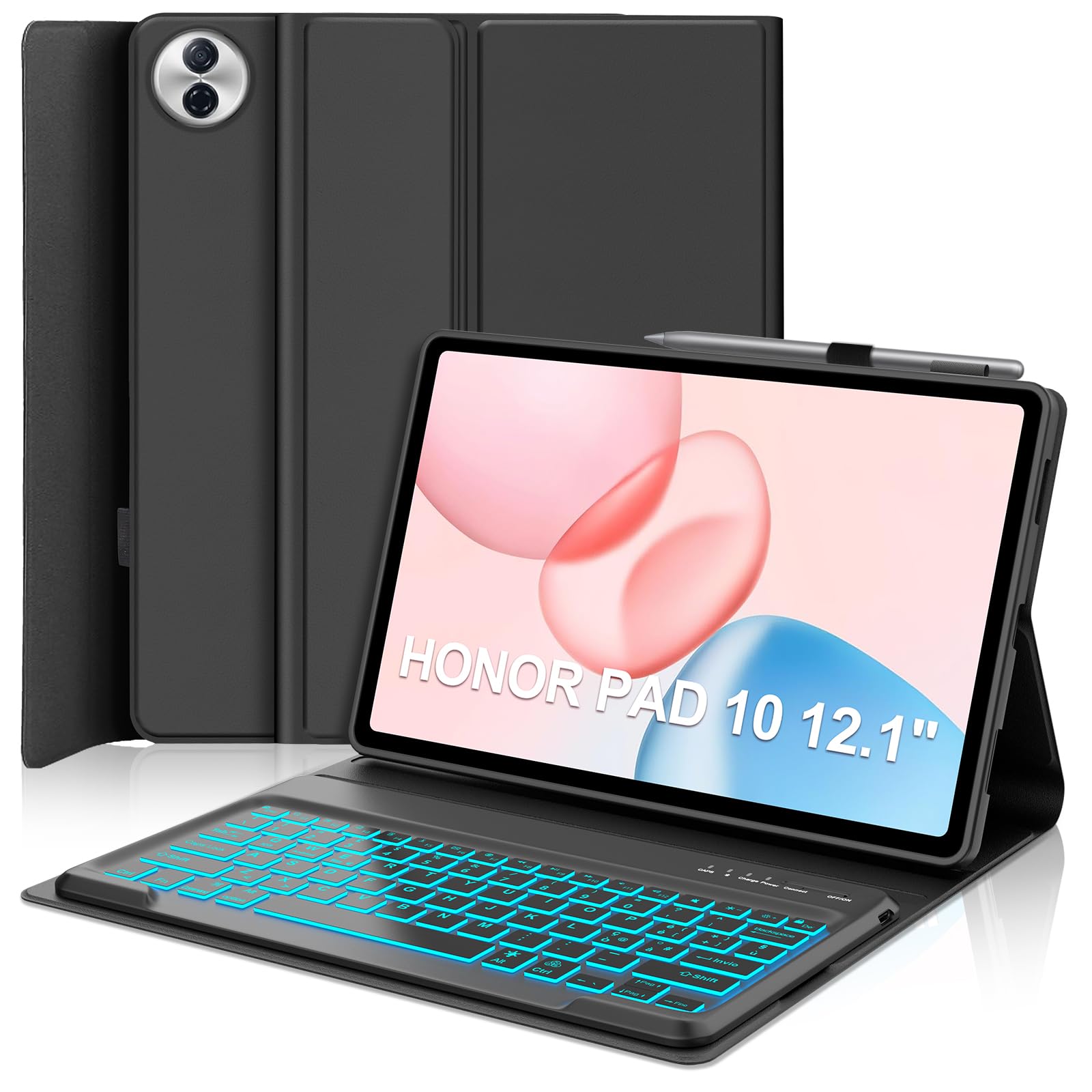 IVEOPPE Tastiera per HONOR Pad 10 12.1 Pollici 2025, Cover con Tastiera Rimovibile, Keyboard Italiano QWERTY 7 Colori Illuminato, Custodia con Portapenna, Nero