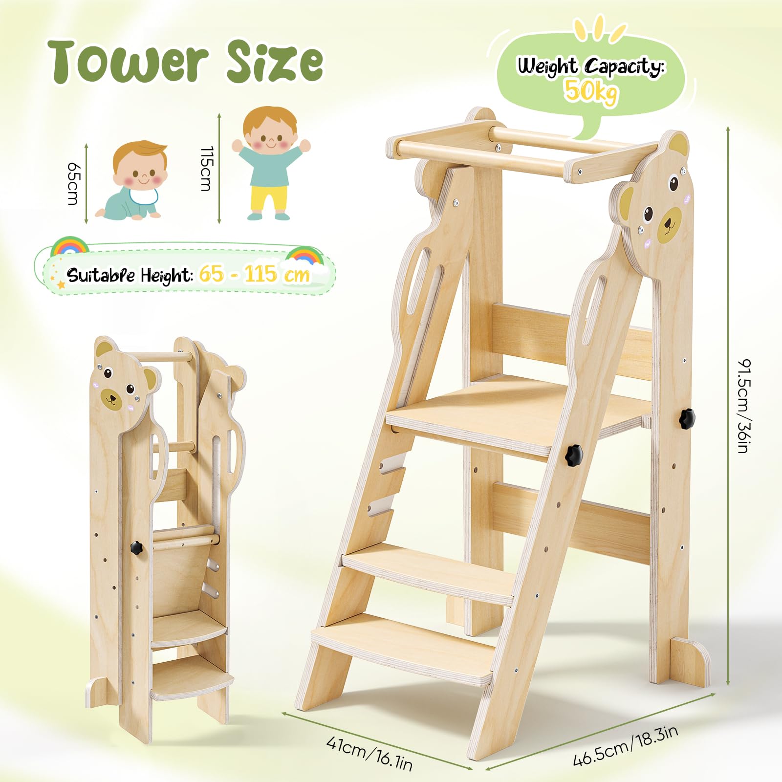 Tour d'observation Montessori Pliable, modèle actualisé Tour Montessori Pliable de 1 to 3 Years Old Observation Tower for Children Montessori Learning Natural Wood Kitchen Helper Safety